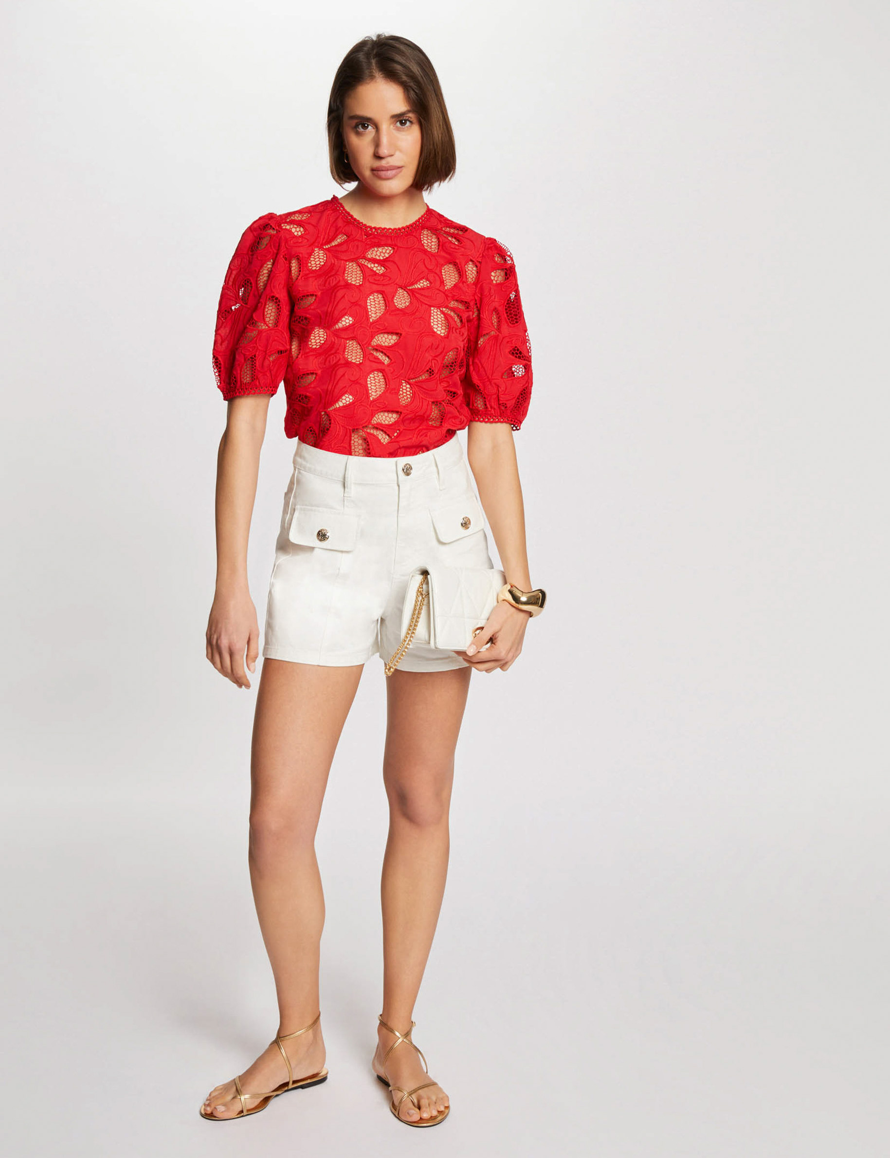 Short-sleeved t-shirt with embroidery red women