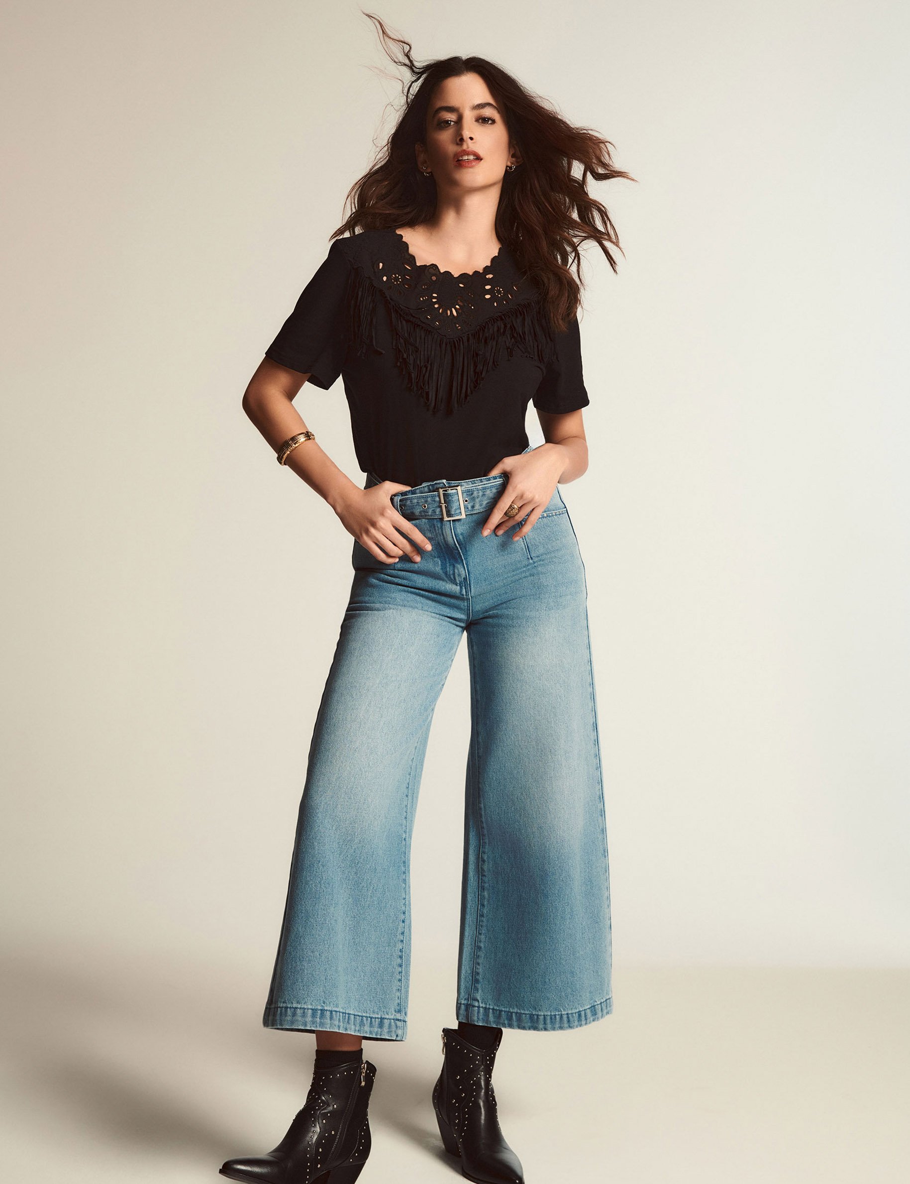 Belted cropped wide leg jeans bleach denim women