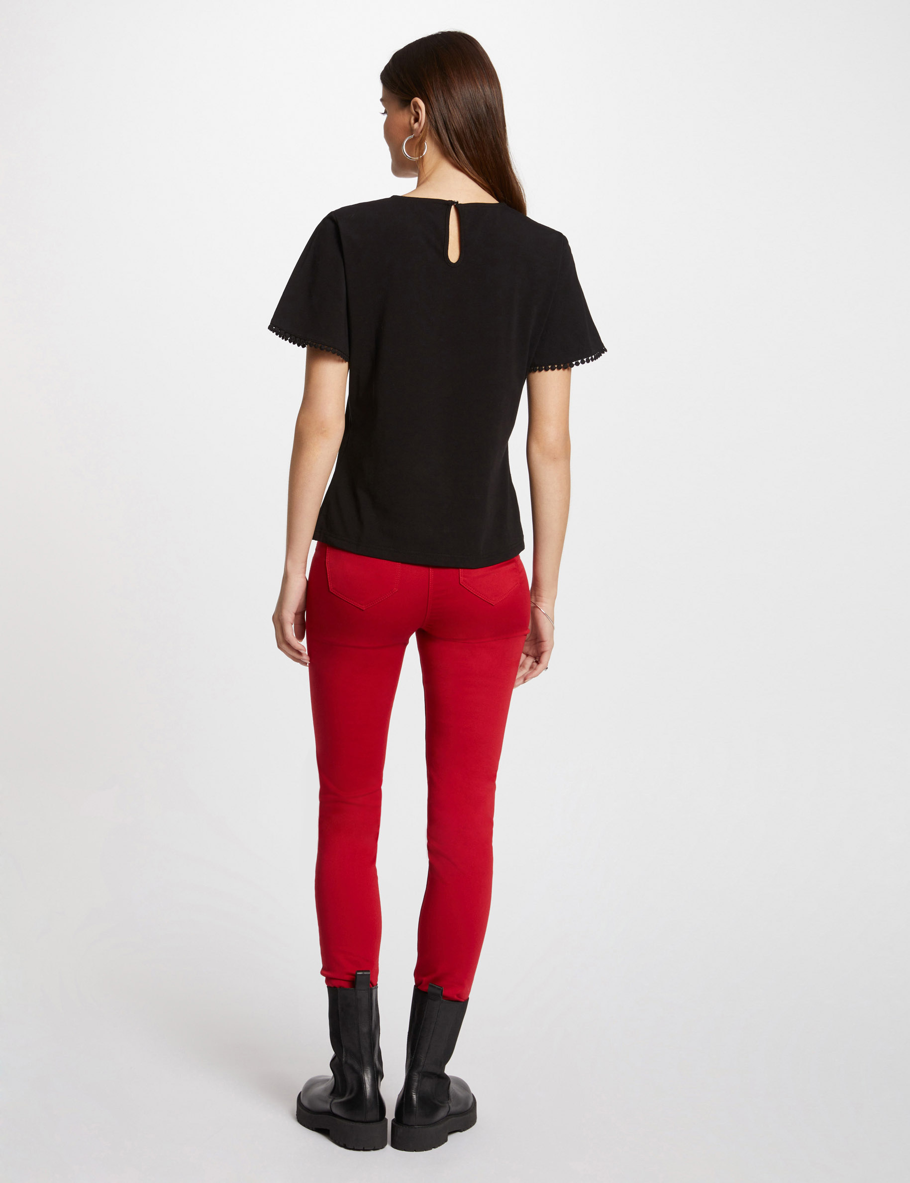 Jeans slim détails zippés rouge moyen femme