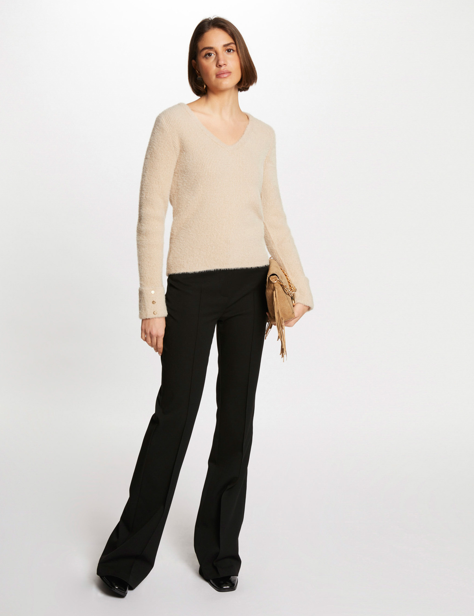 Long-sleeved jumper with V-neck taupe women