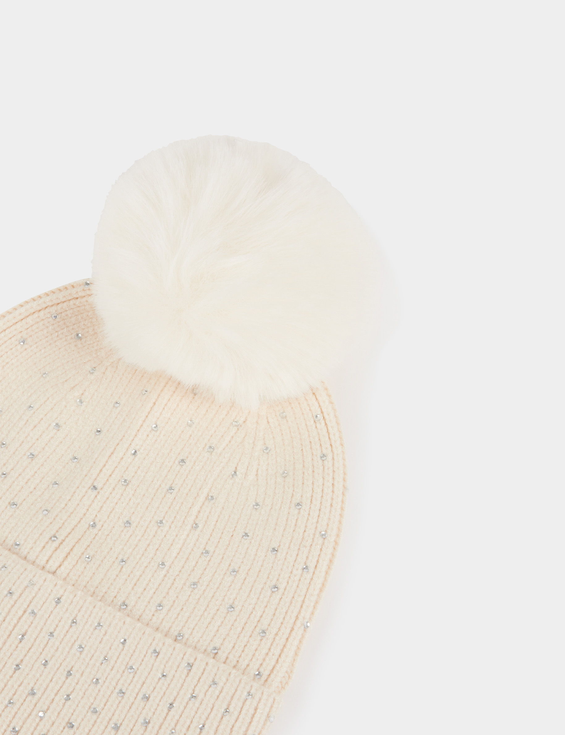 Beanie with rhinestones and pom-pom ivory women