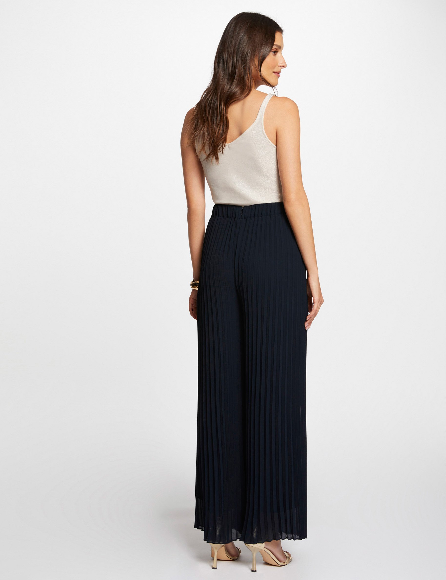 Pleated wide leg trousers navy blue women