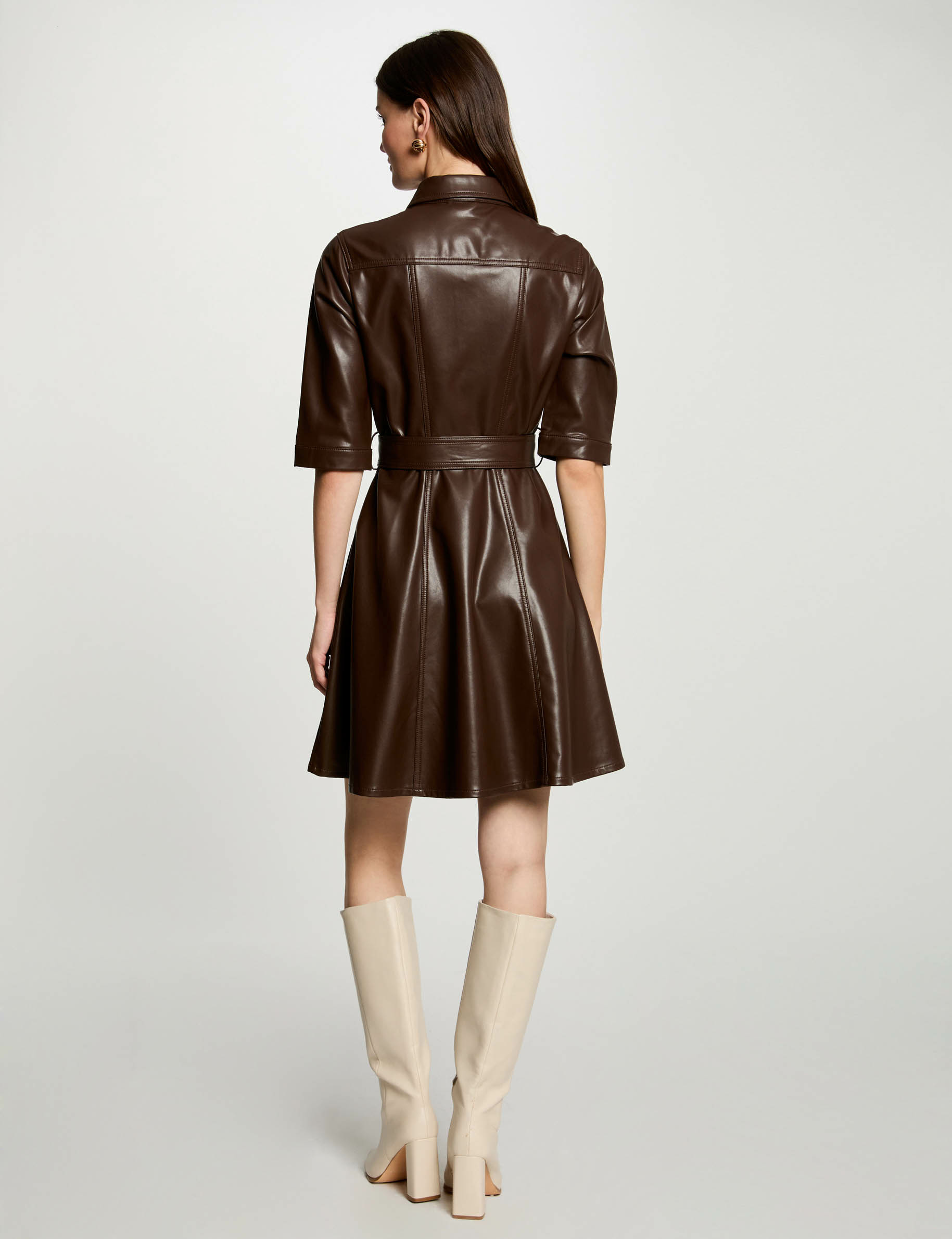 Faux leather A-line mini dress brown women