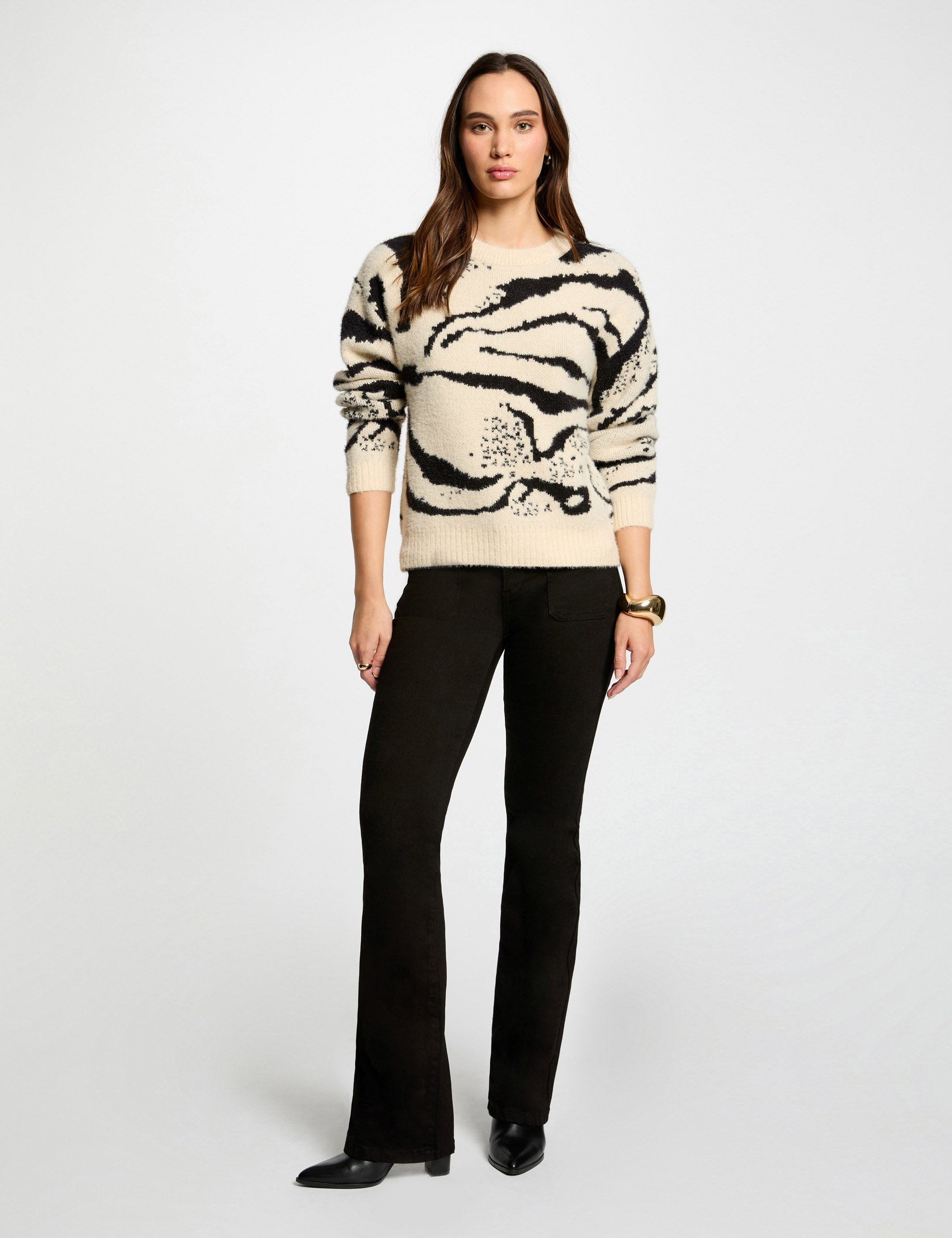 Printed jumper round neck beige women