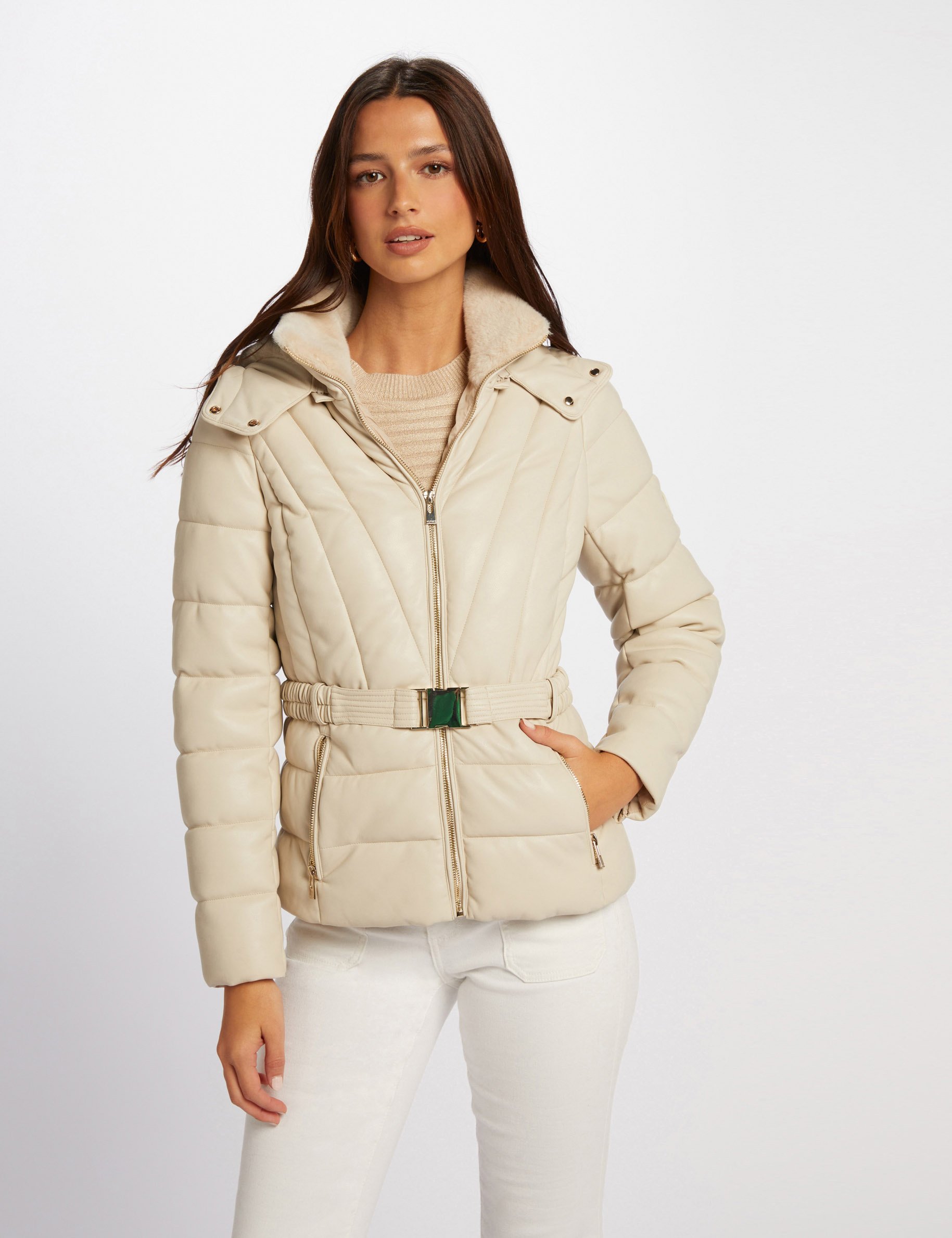 Faux leather padded jacket ivory women