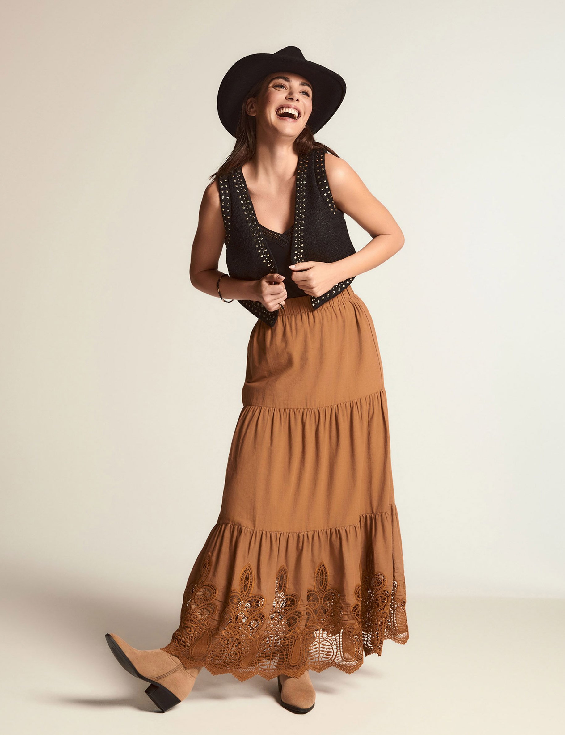 Maxi skirt lace detail cognac brown women