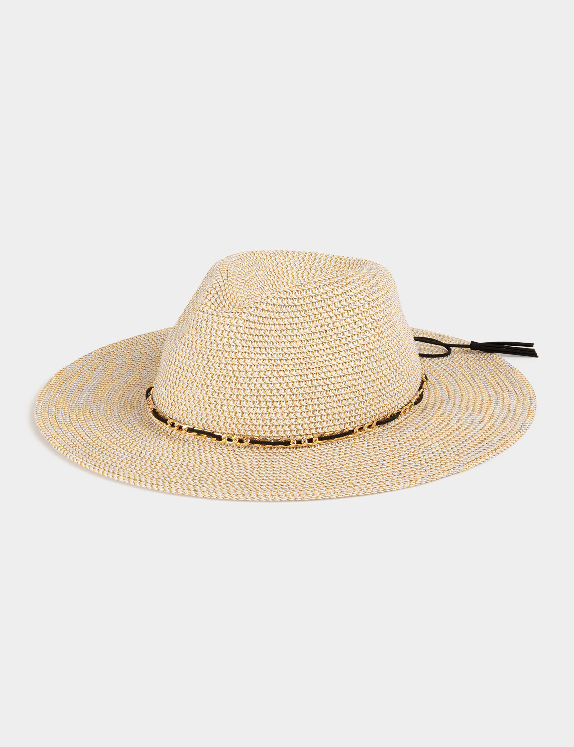 Chapeau tressé détail chaîne beige femme