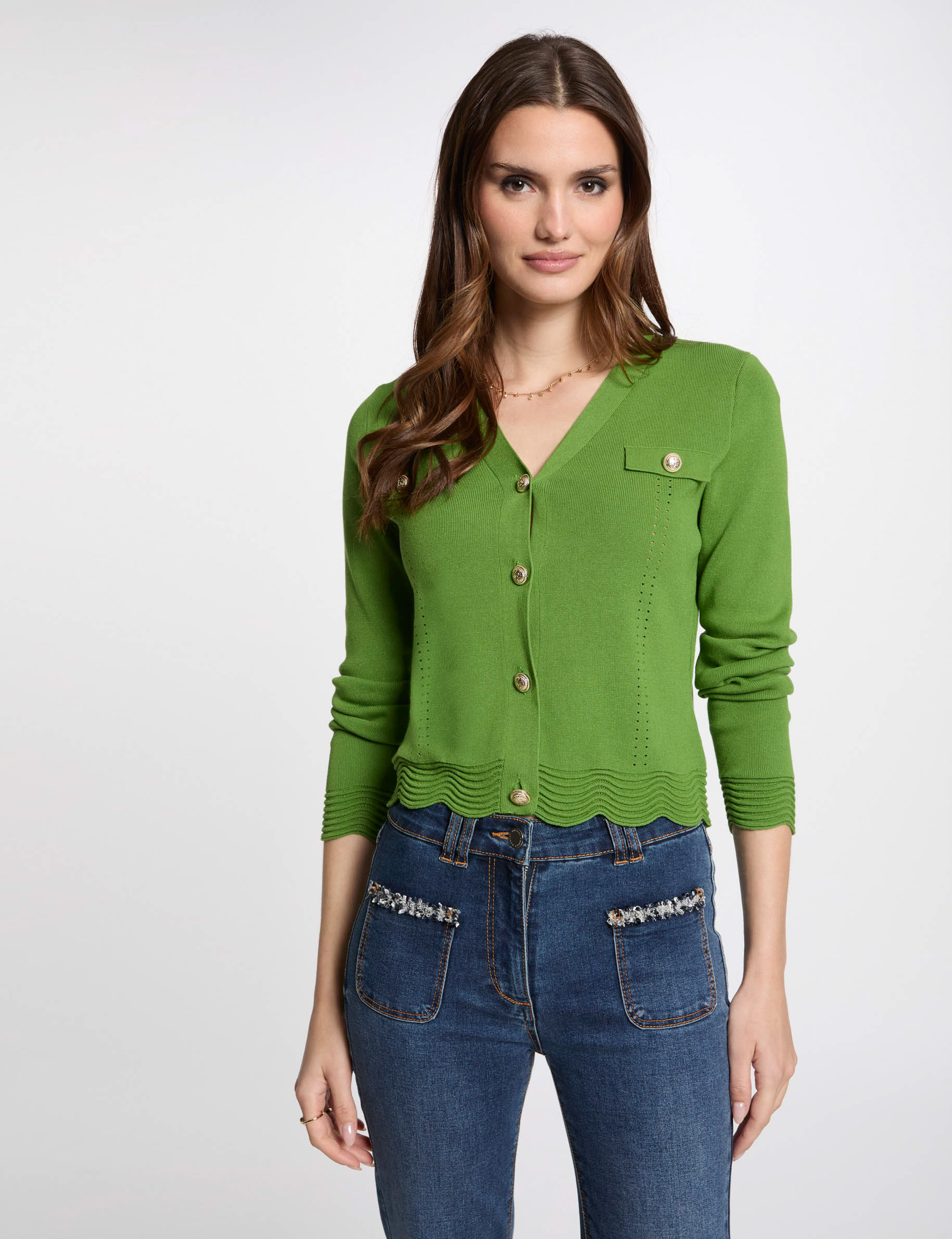 Cardigan with V-neck aniseed green women