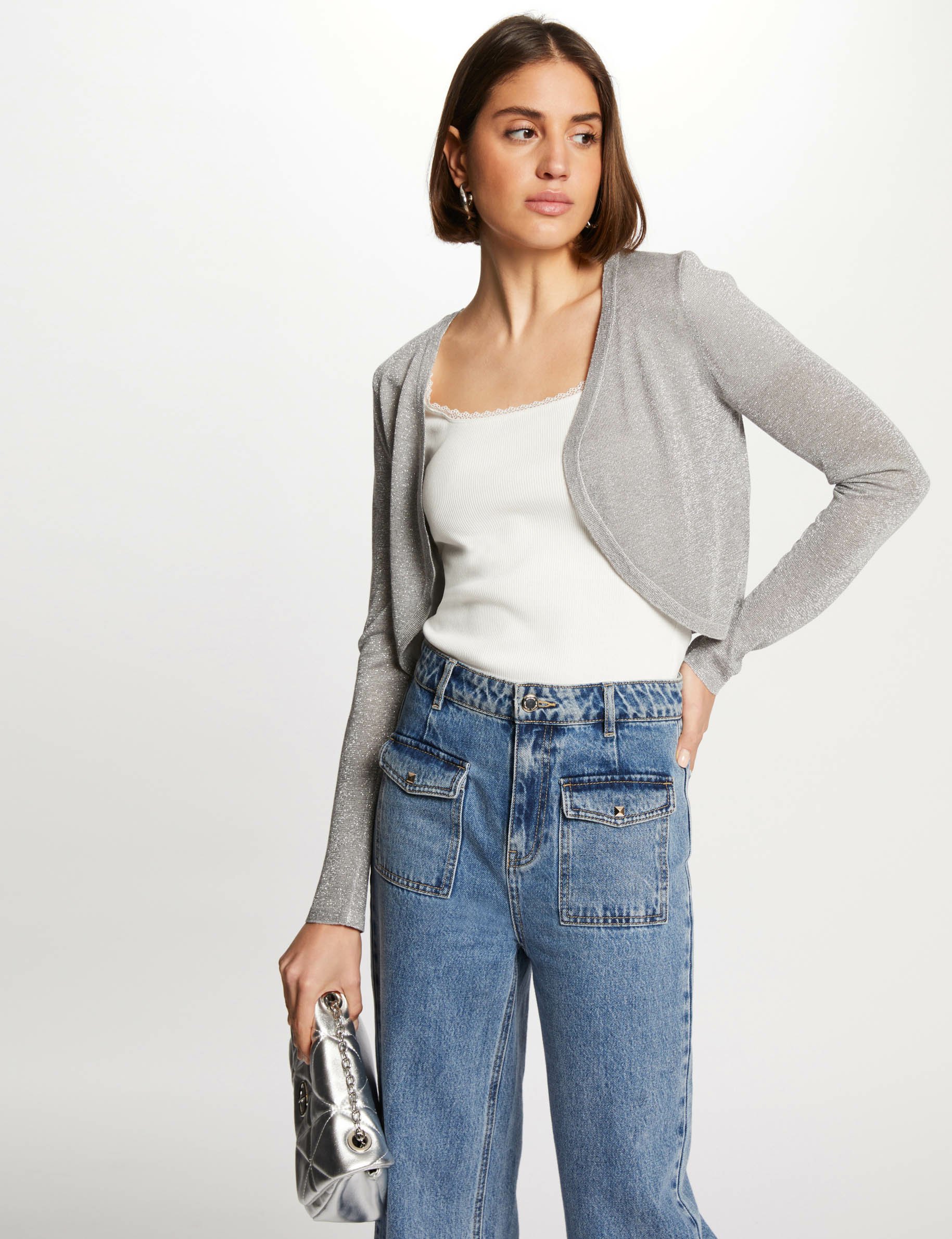 Short cardigan metallised threads light grey women