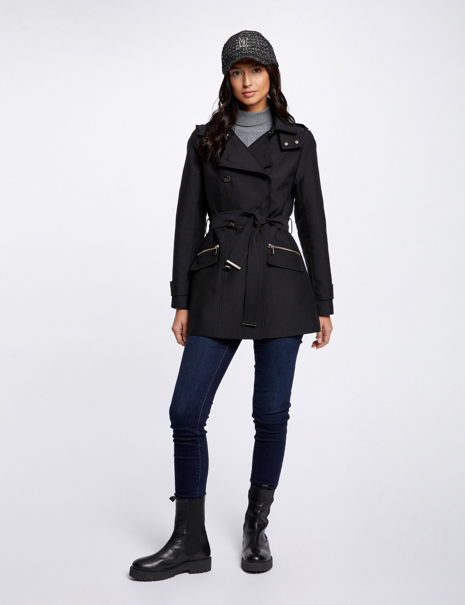 Waisted belted trenchcoat with hood black women