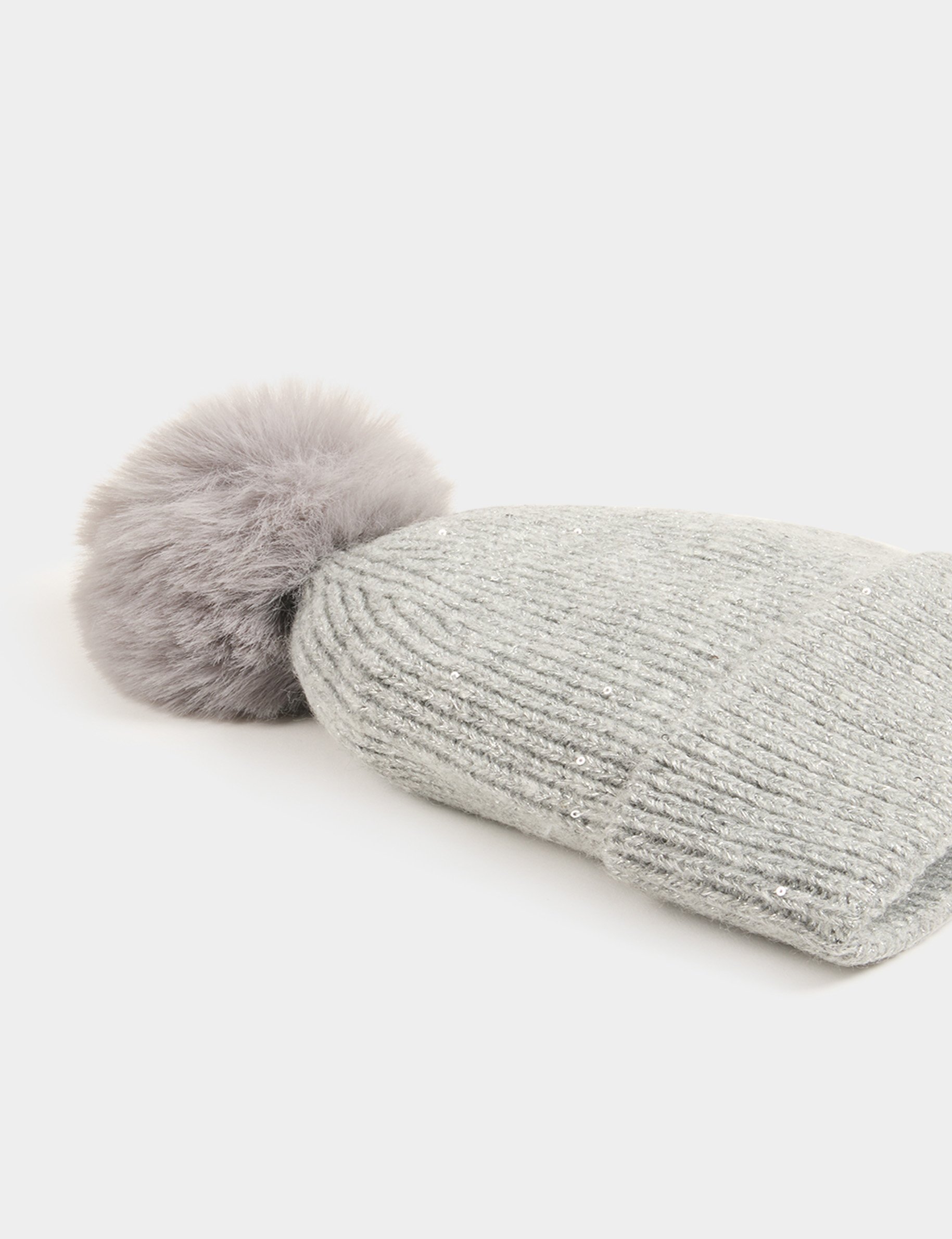 Beanie pom-pom and sequins mid-grey ladies'