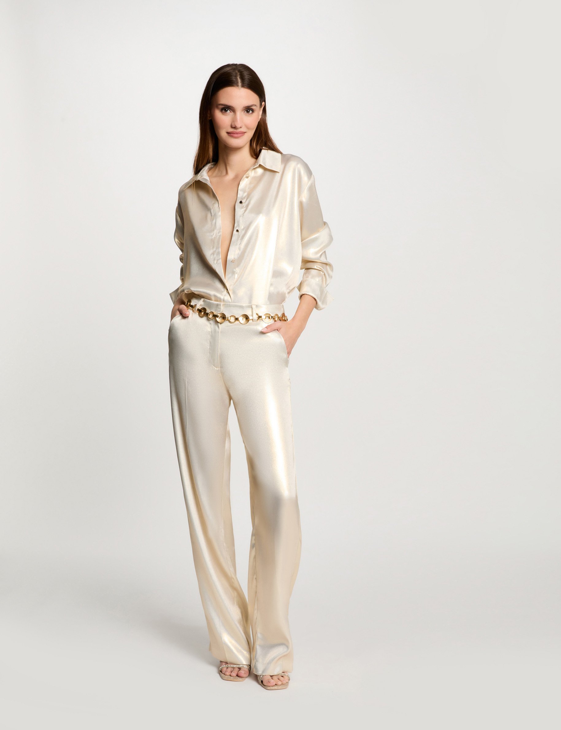 Long-sleeved satin shirt gold yellow women