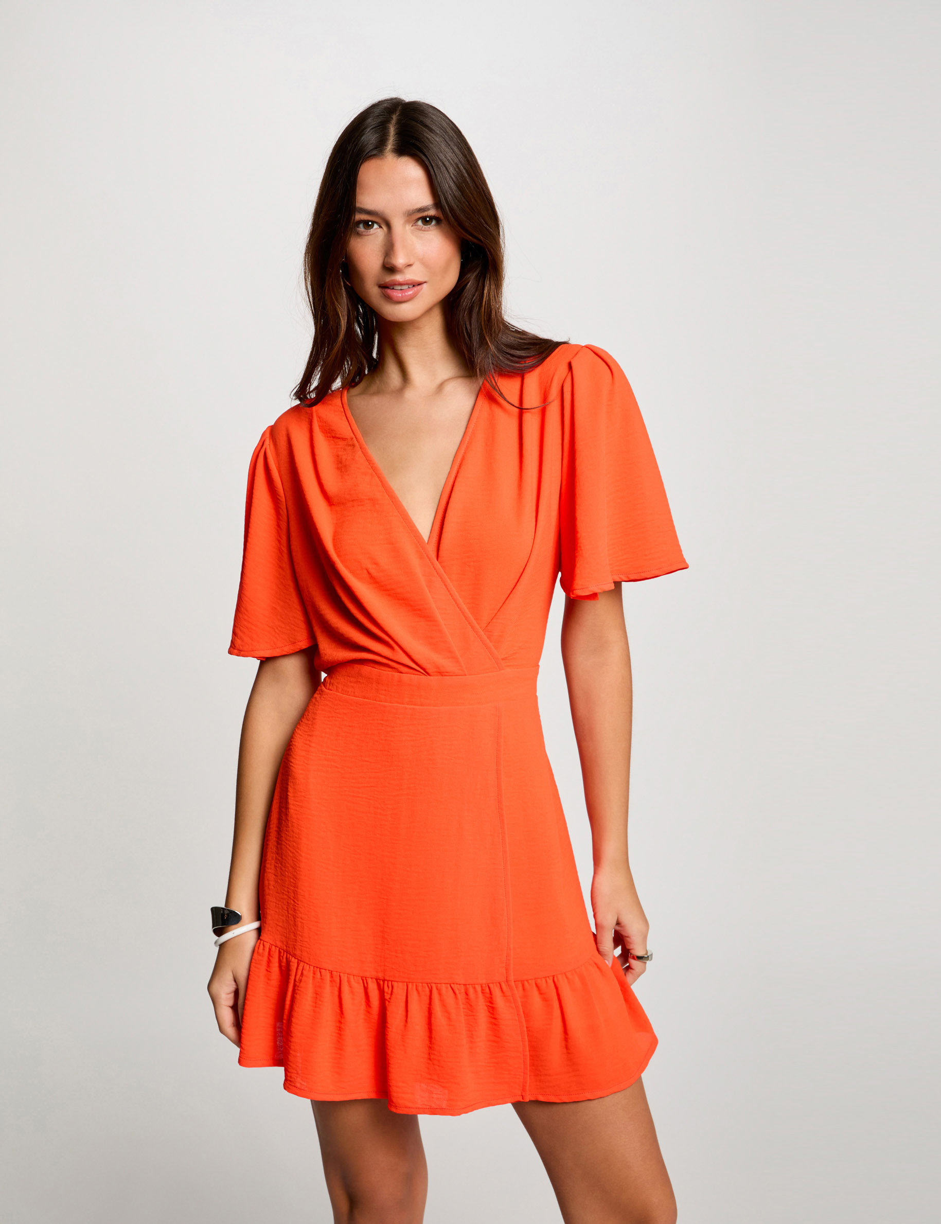 Mini A-line dress with ruffles dark orange women