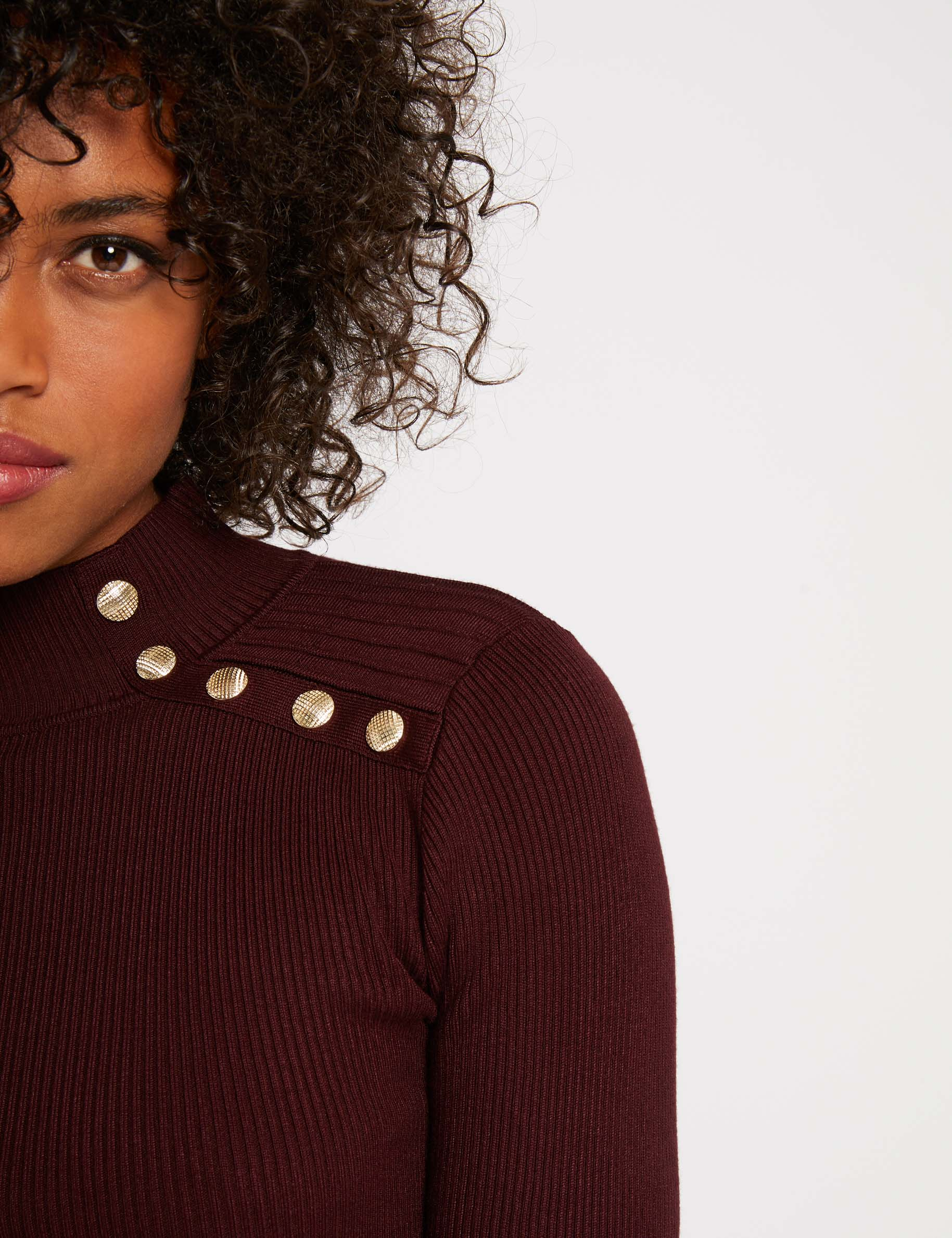 Long-sleeved jumper buttons and edging wine red women