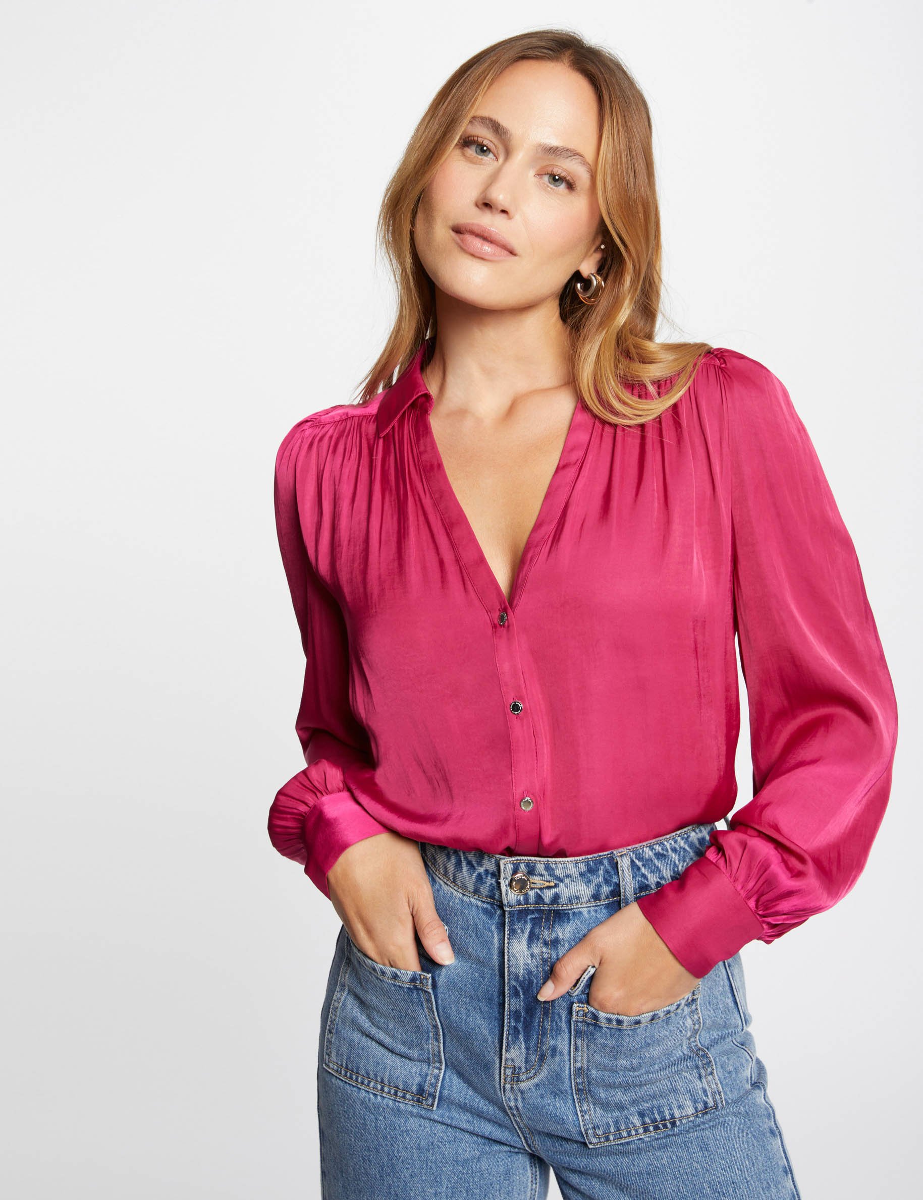 Long-sleeved satin shirt dark pink women