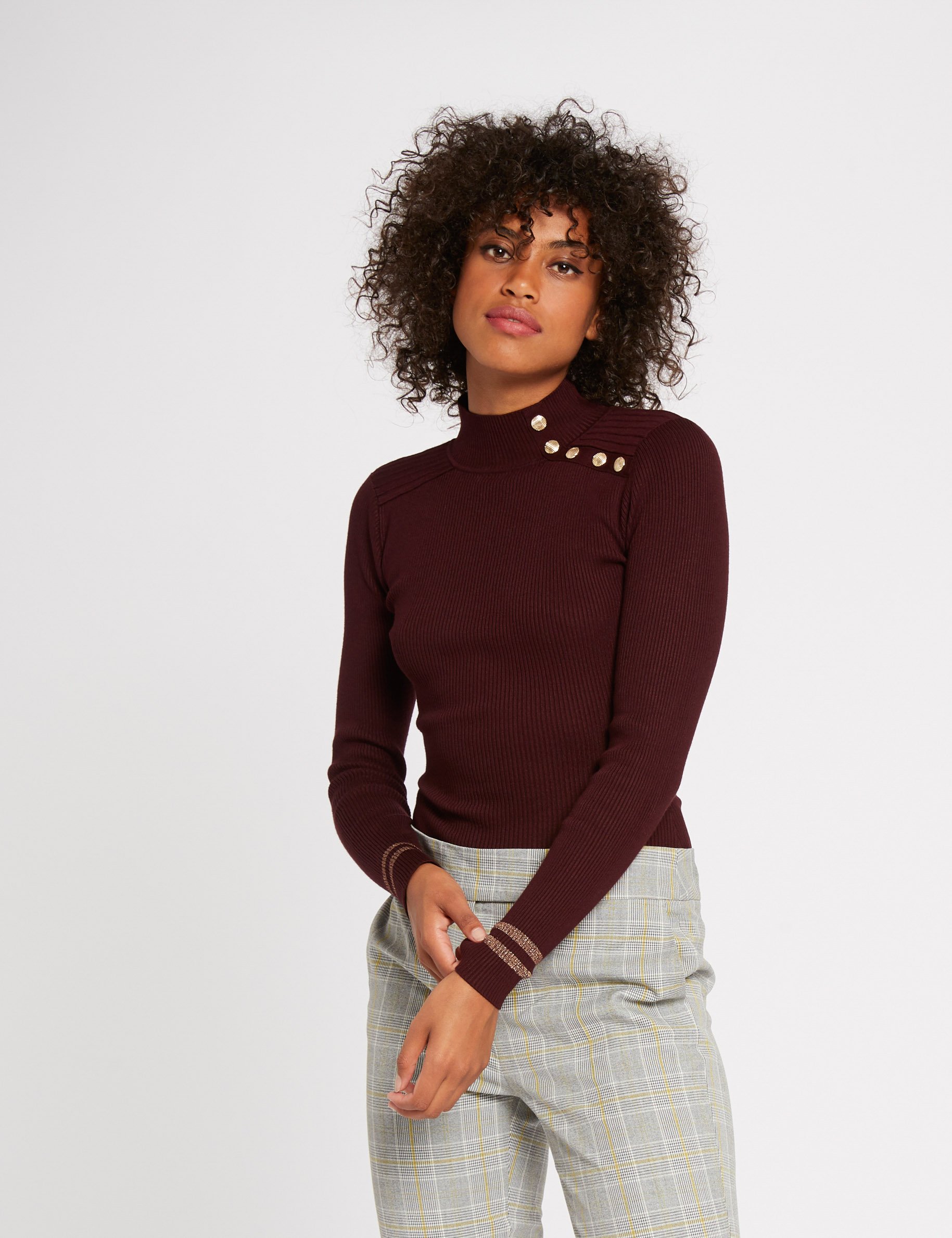 Long-sleeved jumper buttons and edging wine red women