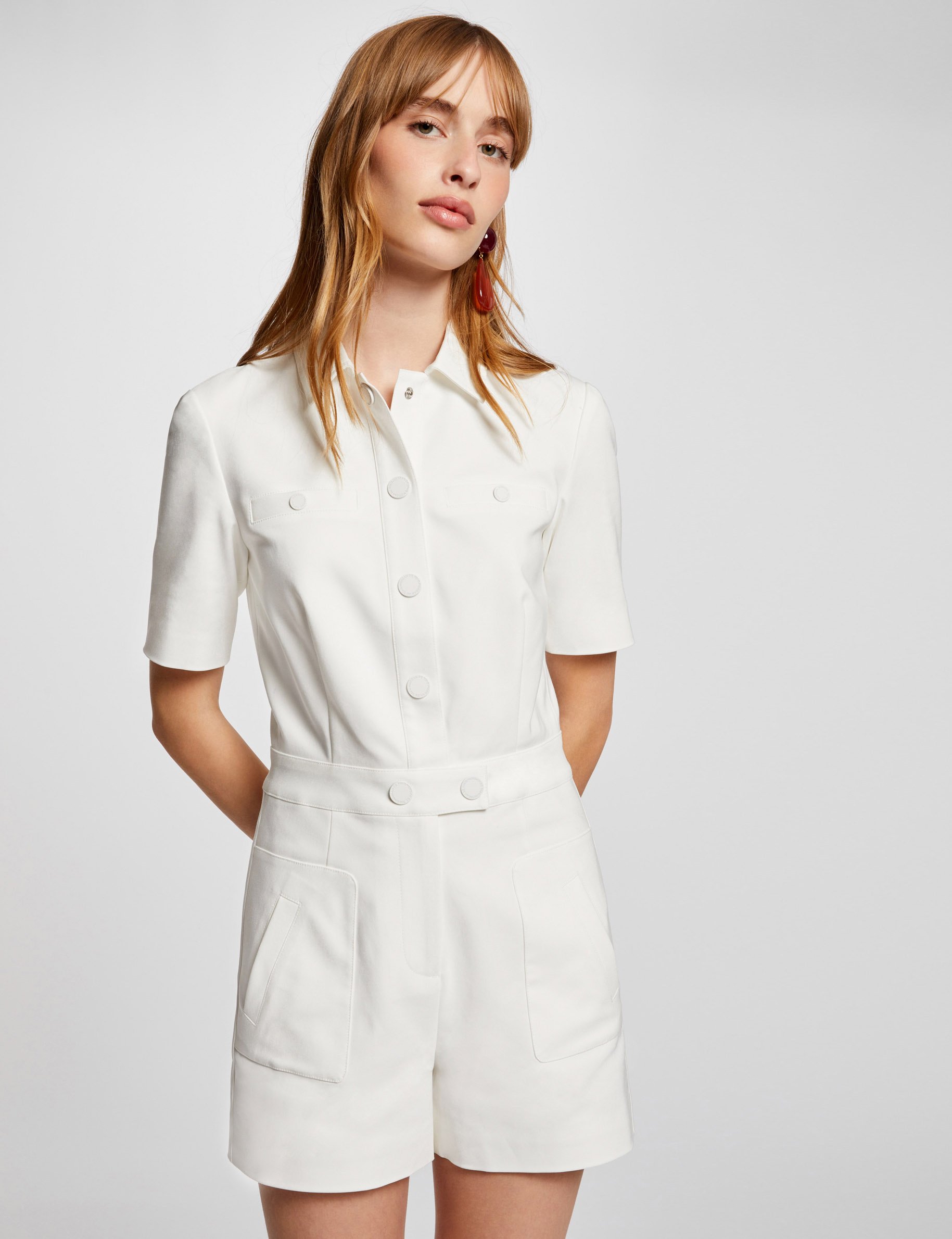 Buttoned fitted playsuit ecru women