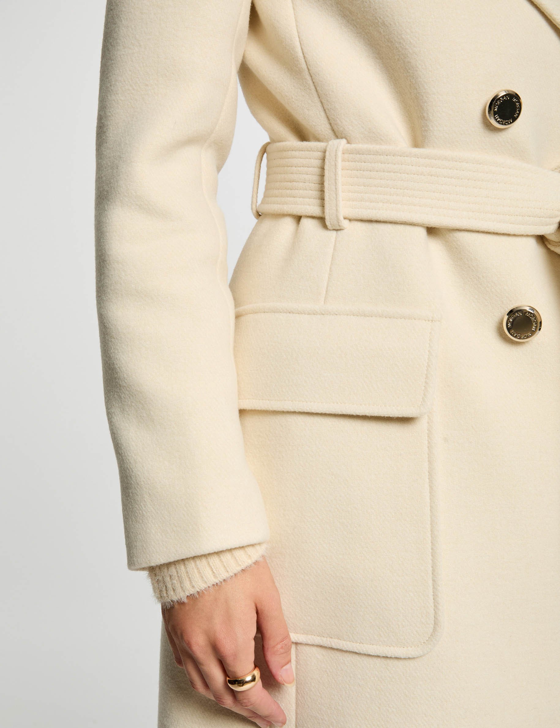 Belted long coat ivory women