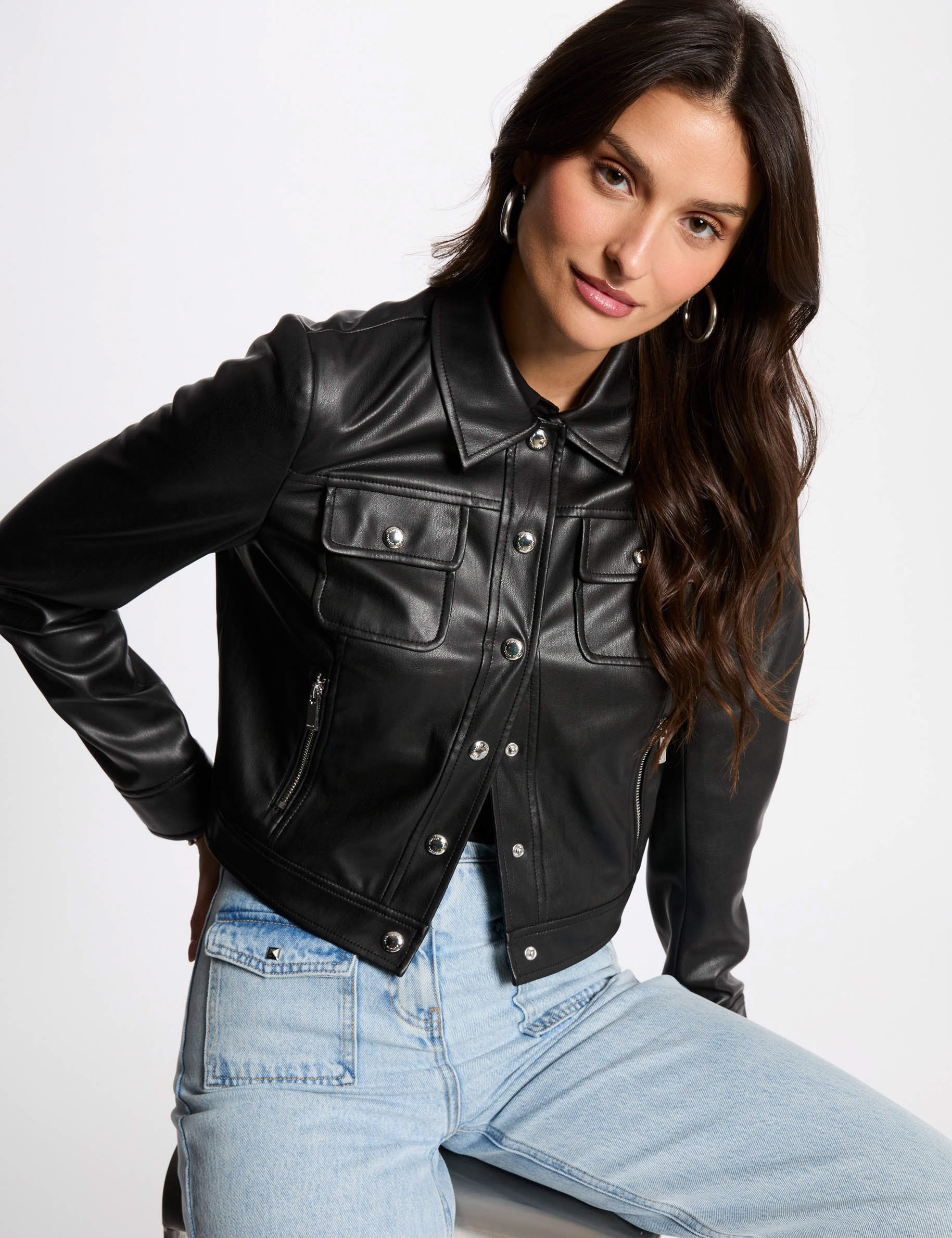 Short faux leather jacket black women