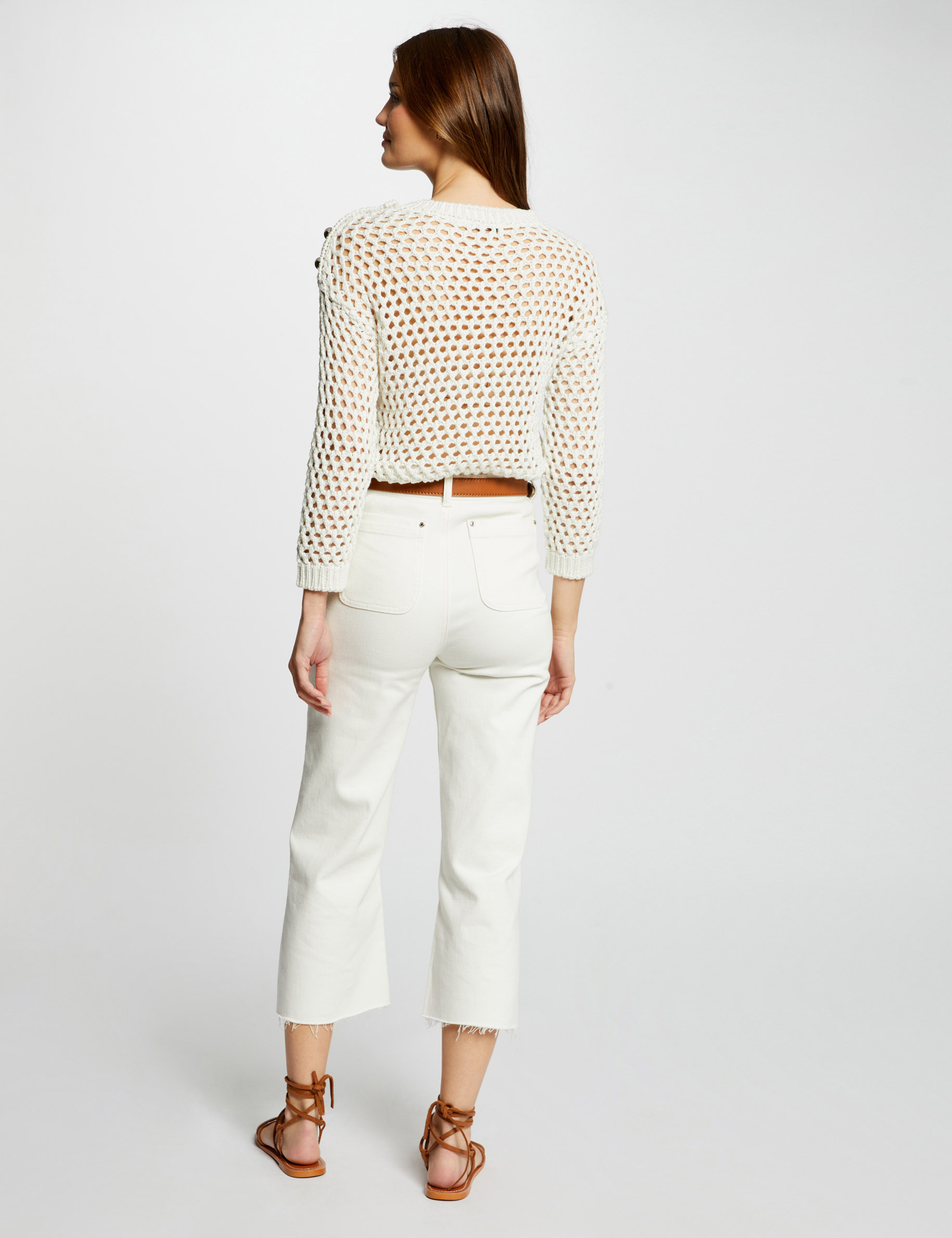 Long-sleeved openwork jumper ivory women