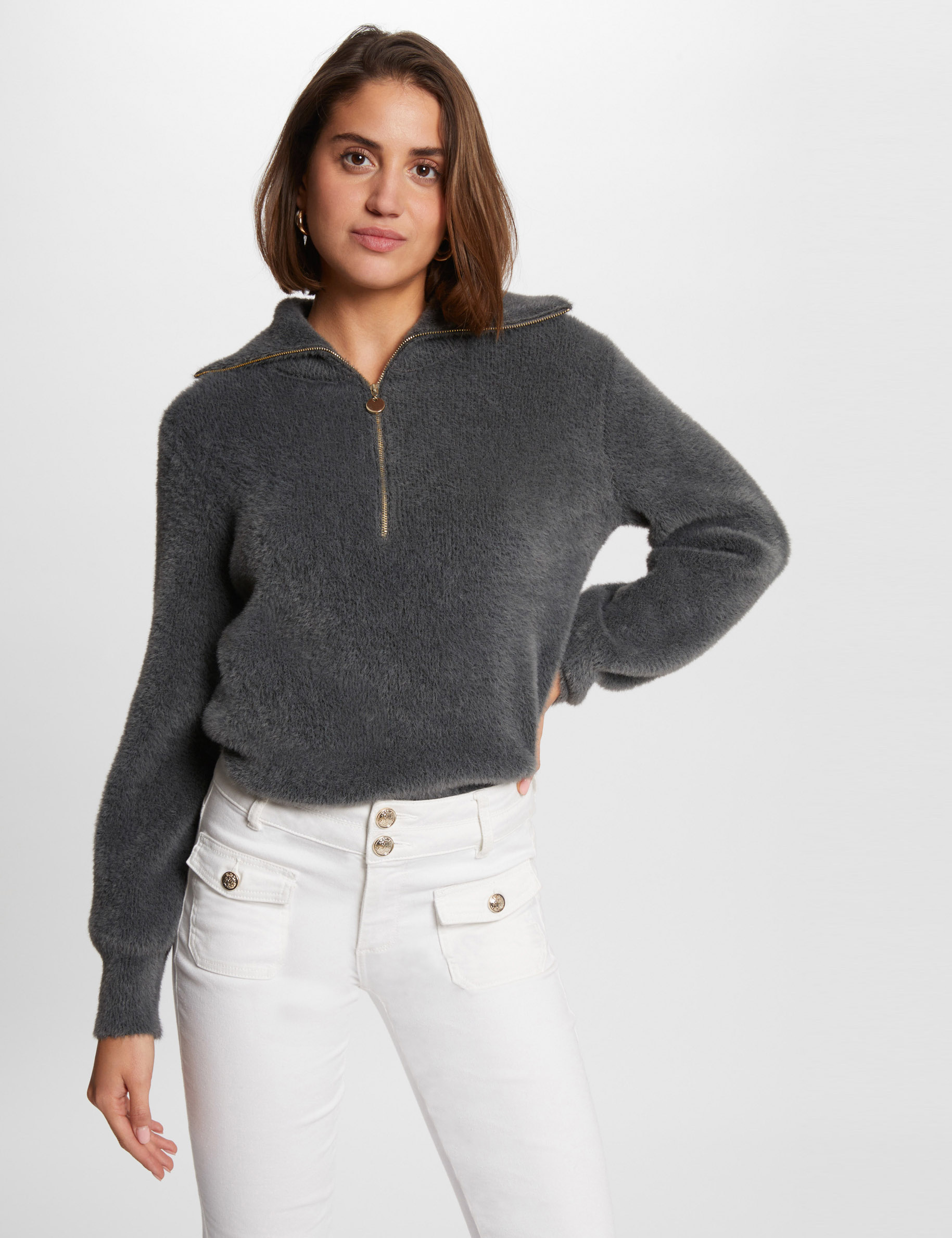 Long-sleeved jumper with zipped collar anthracite grey women