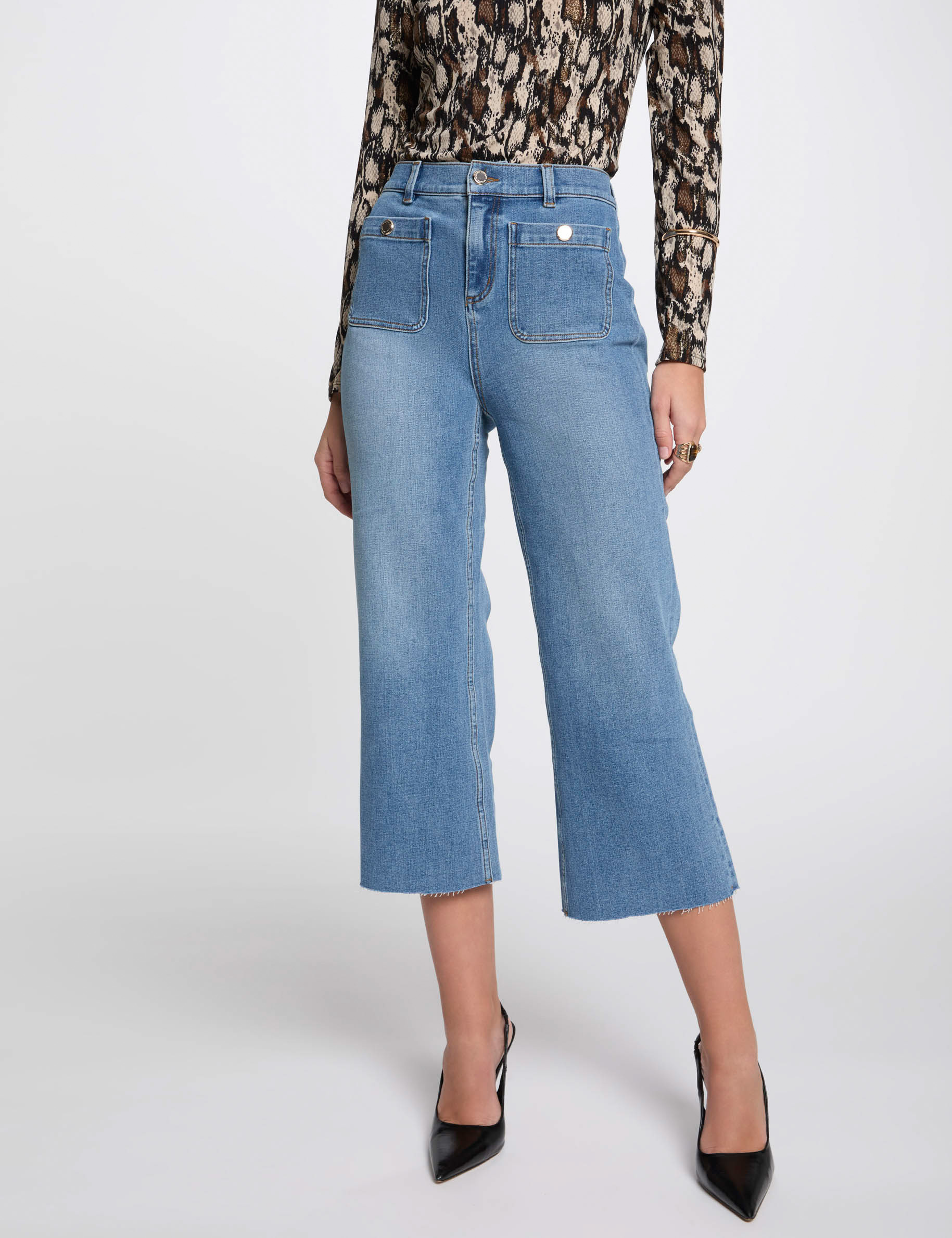 Cropped wide leg trousers stone wash denim women