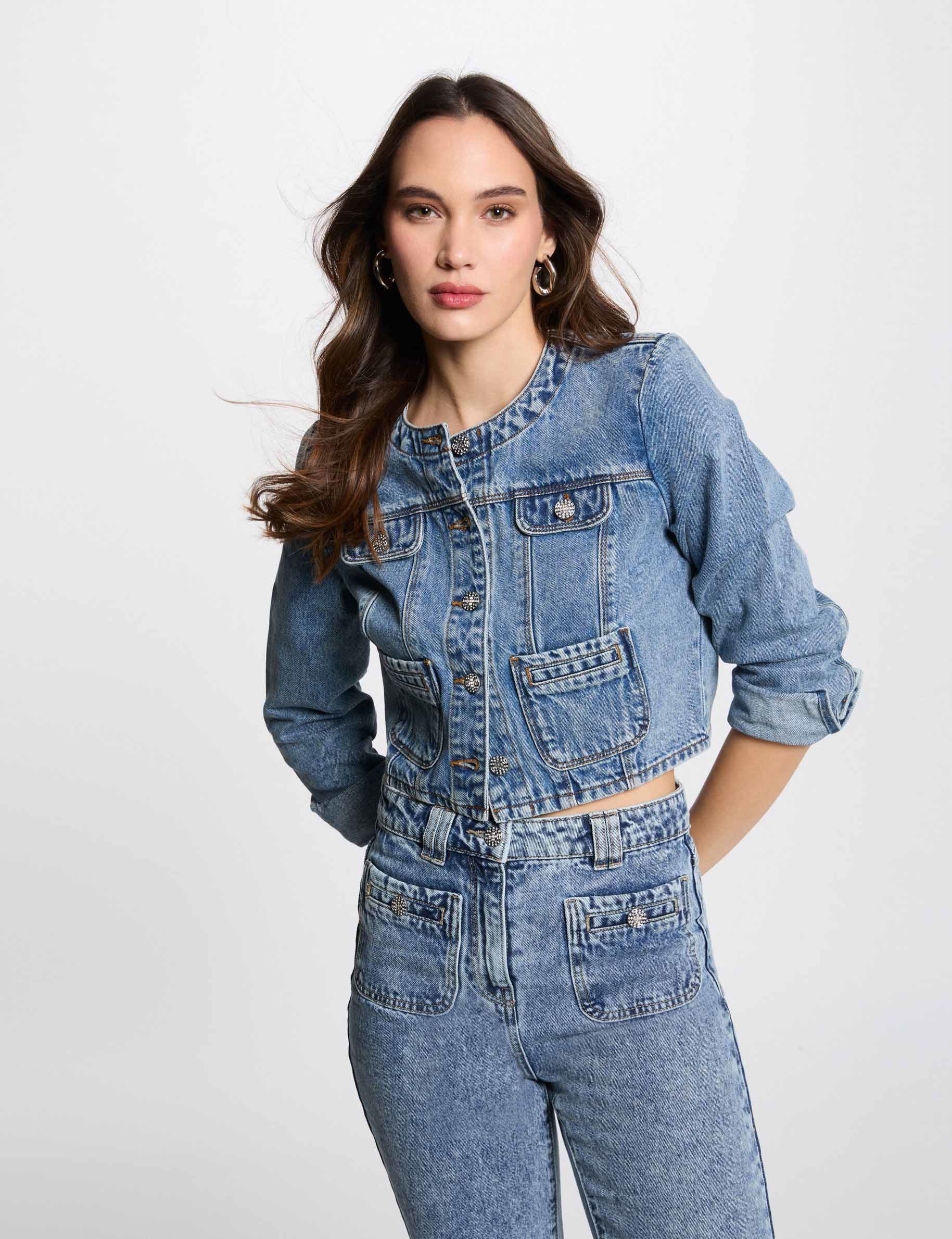 Short denim jacket heavy stone wash denim women