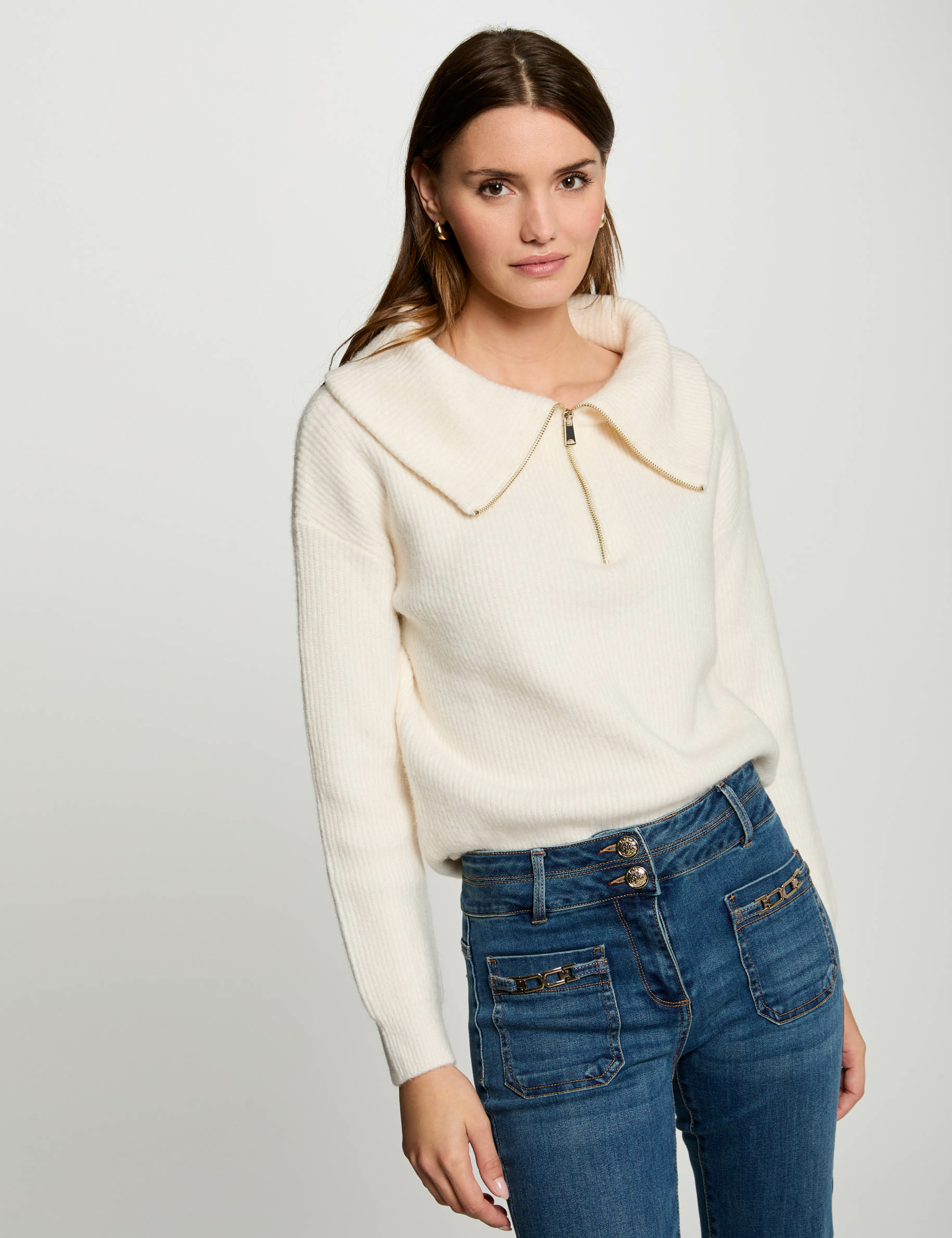 Jumper with zipped-rollneck ivory women