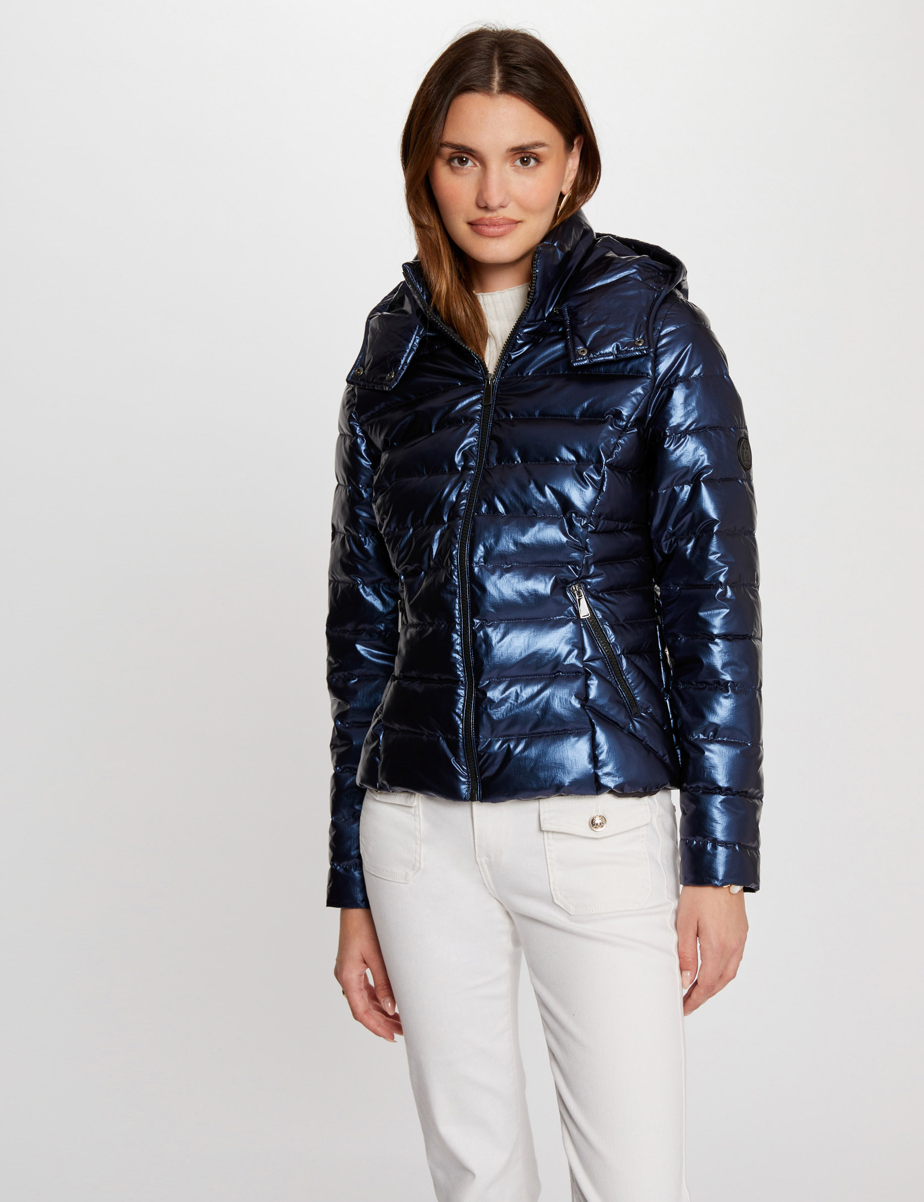 Metallised padded jacket hood blue women