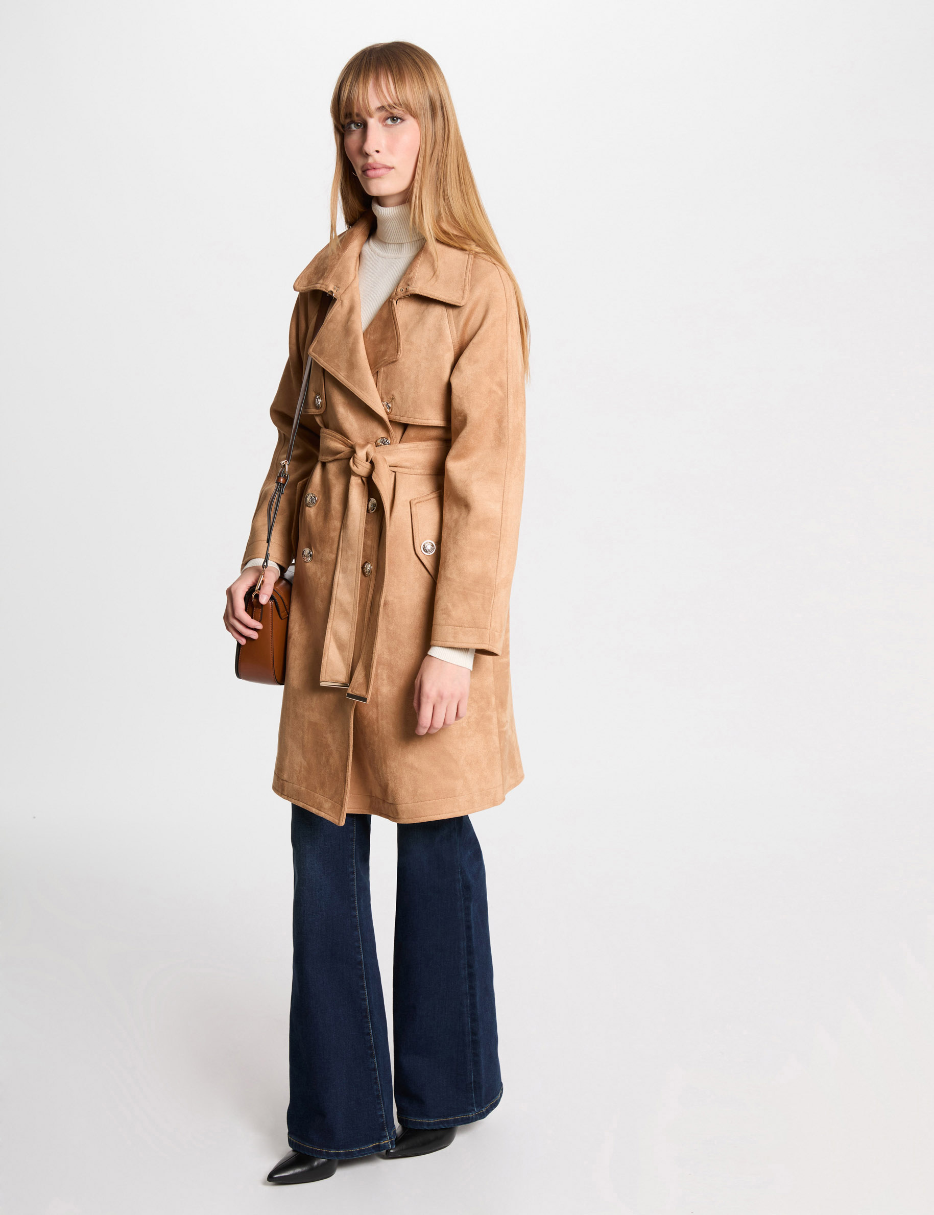 Long suede trenchcoat caramel women