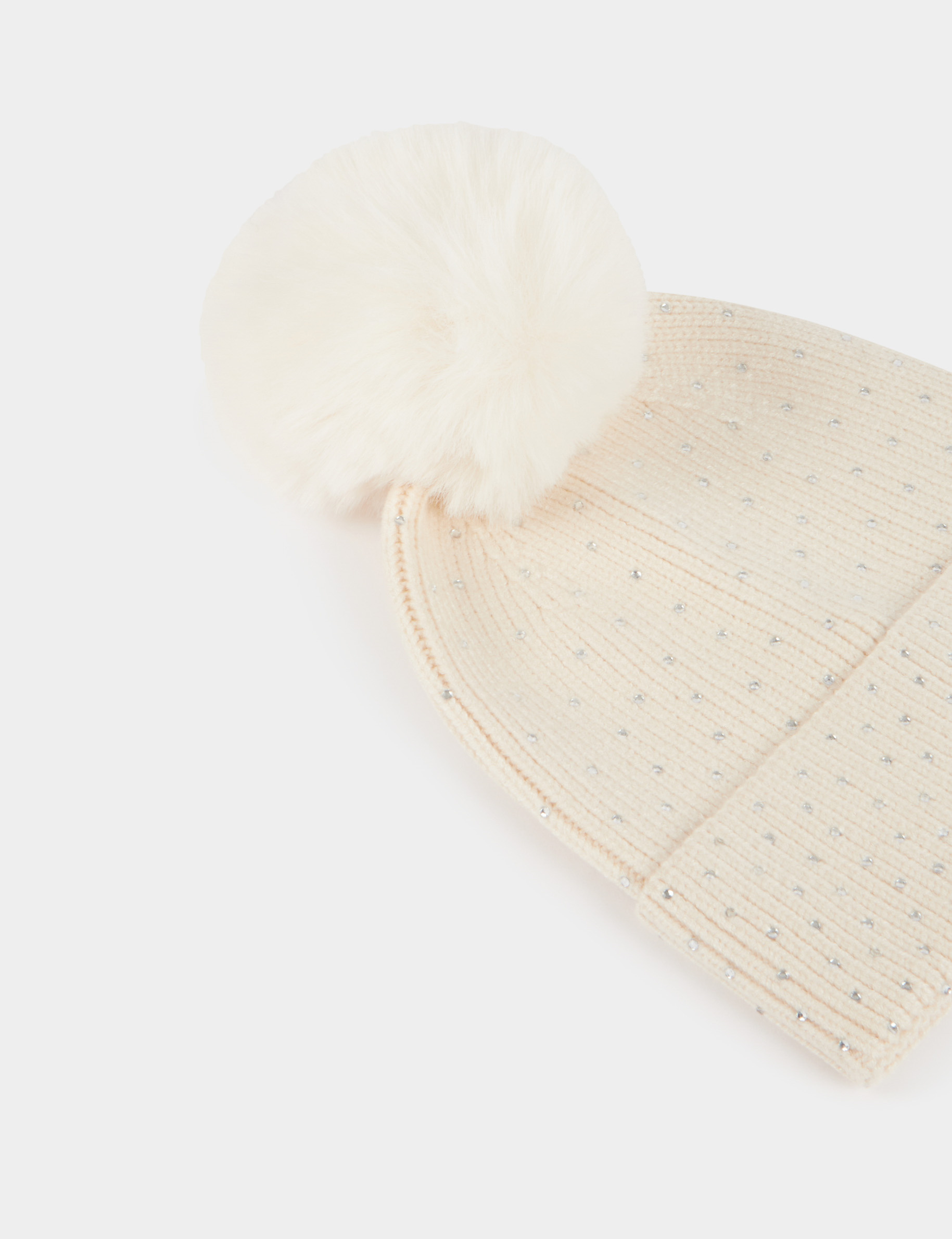 Beanie with rhinestones and pom-pom ivory women