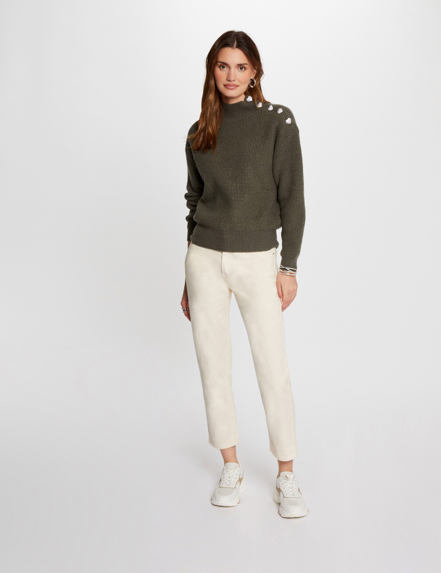 Long-sleeved jumper with buttons khaki green women