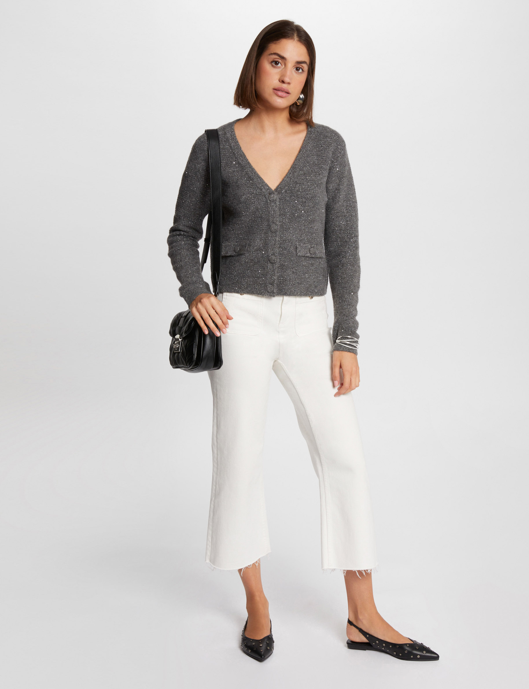 Long-sleeved cardigan V-neck anthracite grey women