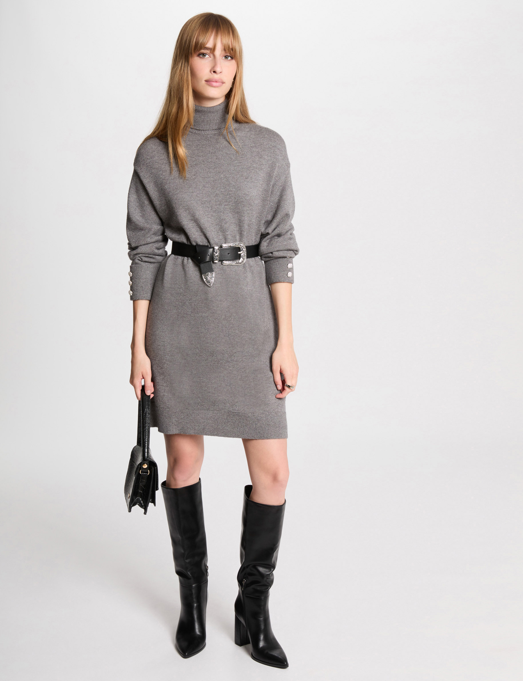 Mini straight knitted dress light grey women