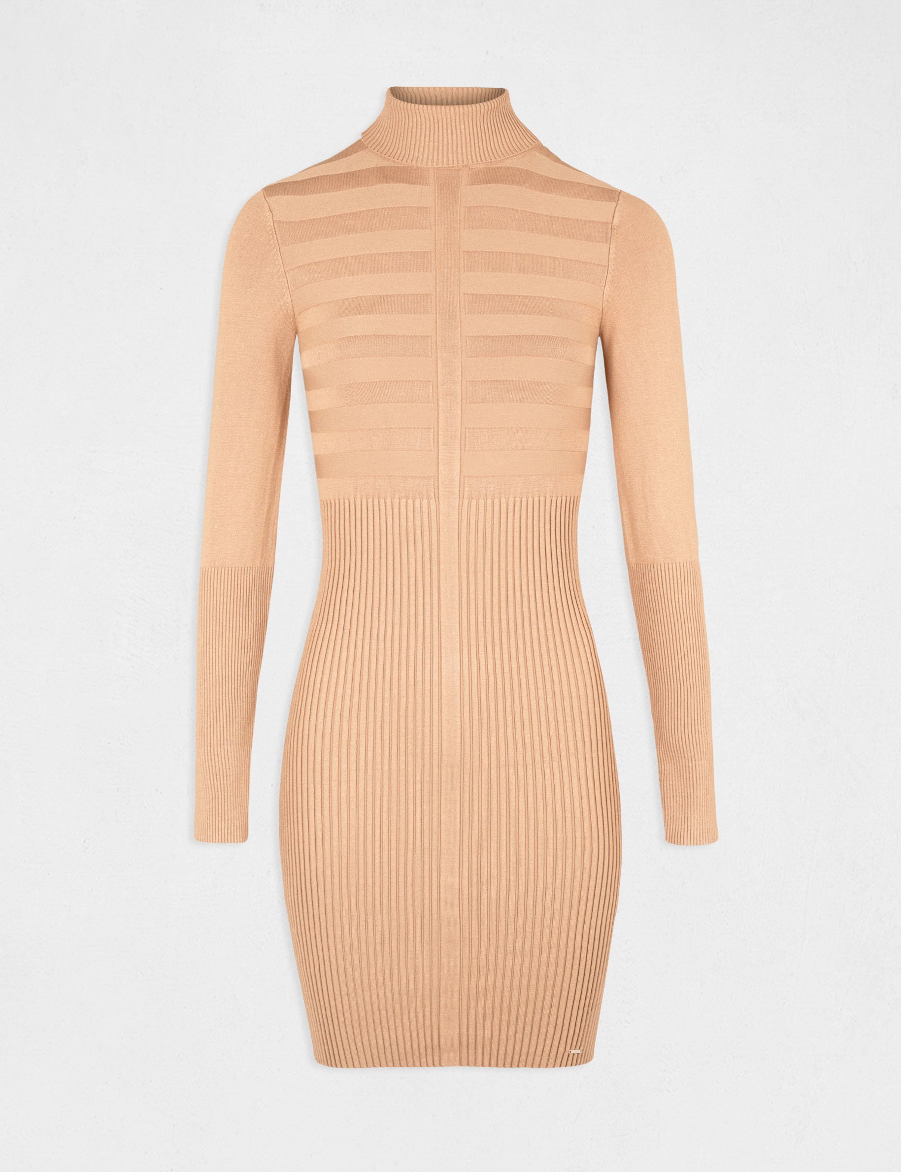 Knitted fitted dress with turtleneck camel women