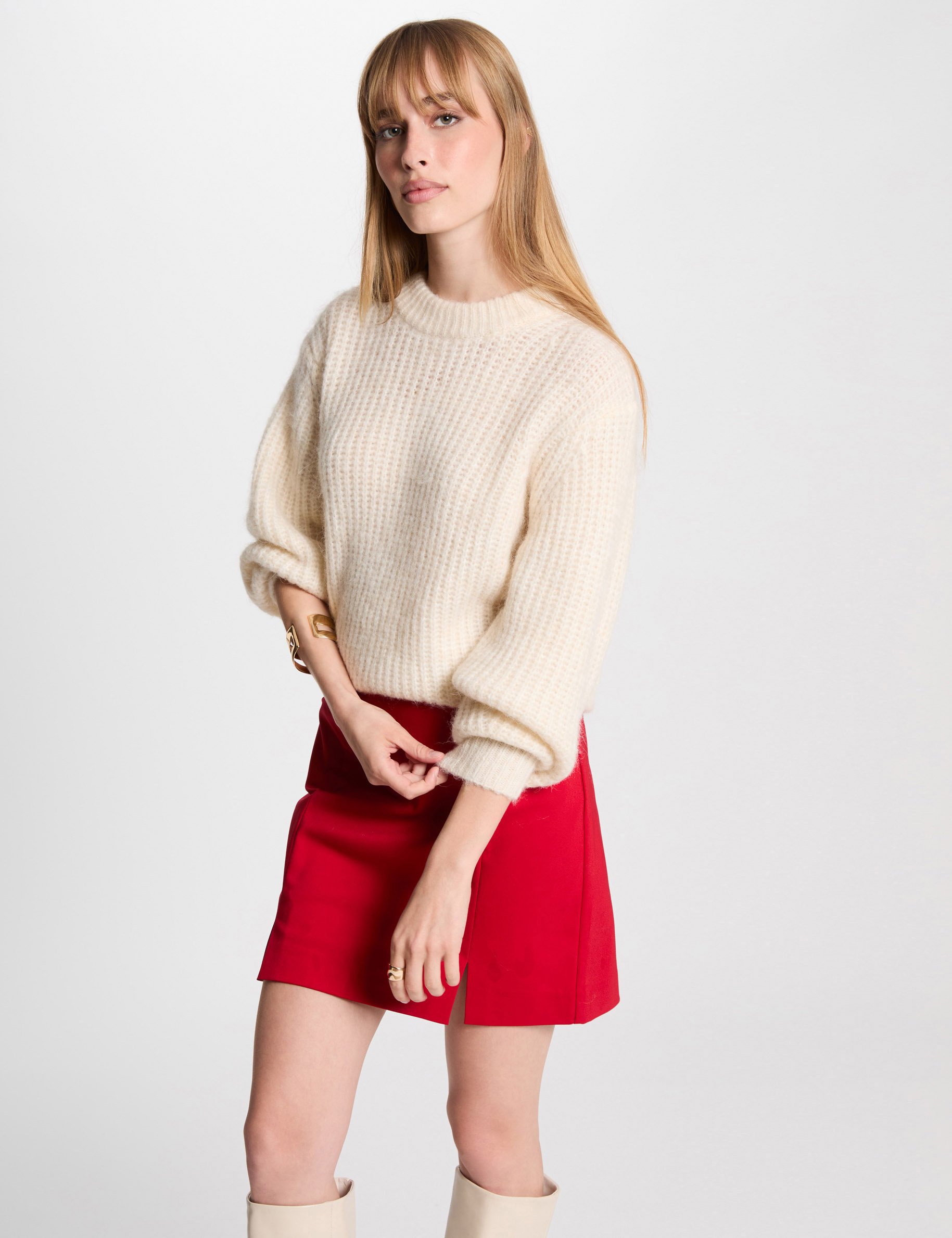 Jumper round neck long sleeves ivory women