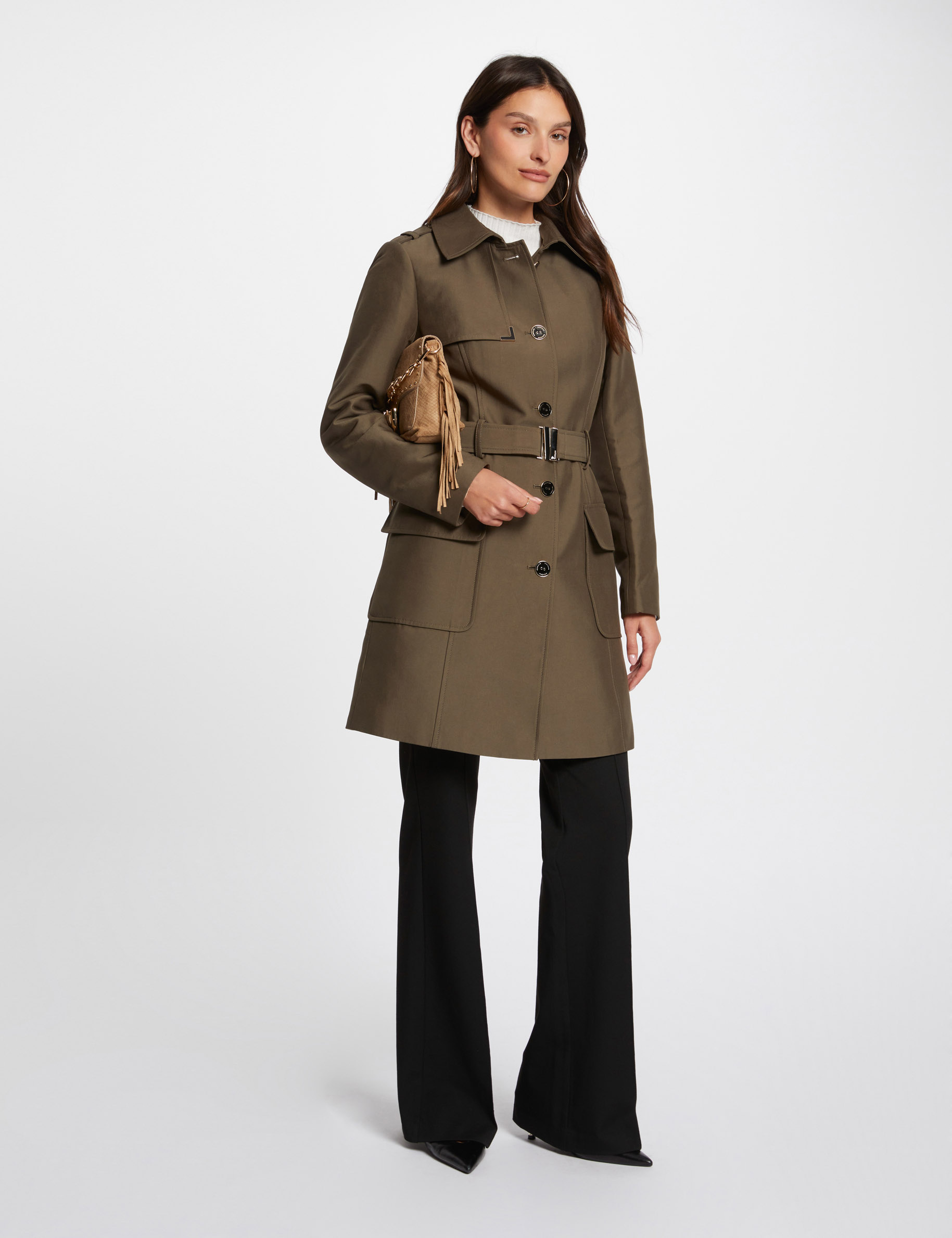 Belted long trenchcoat khaki green women