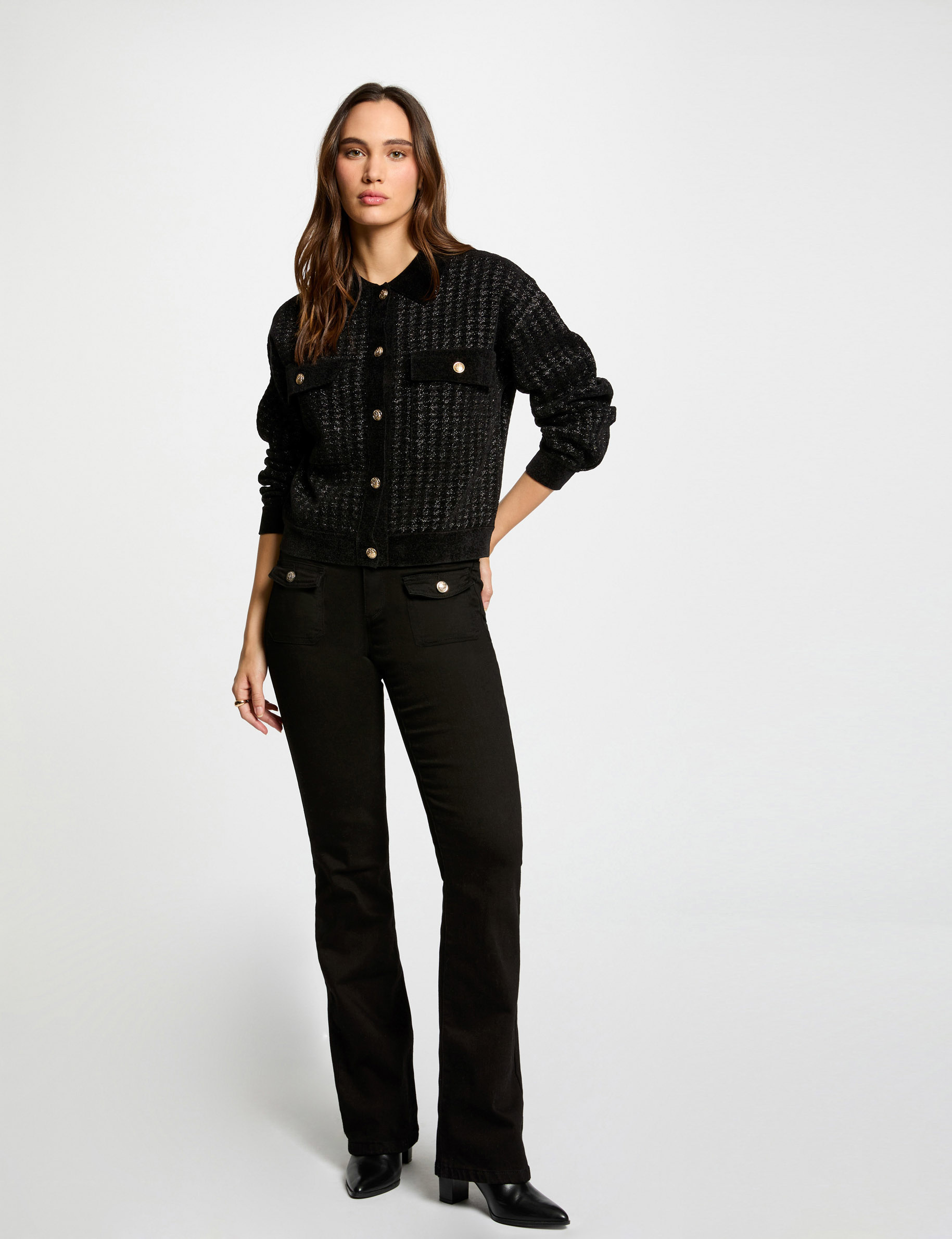 Buttoned cardigan lapel collar black women