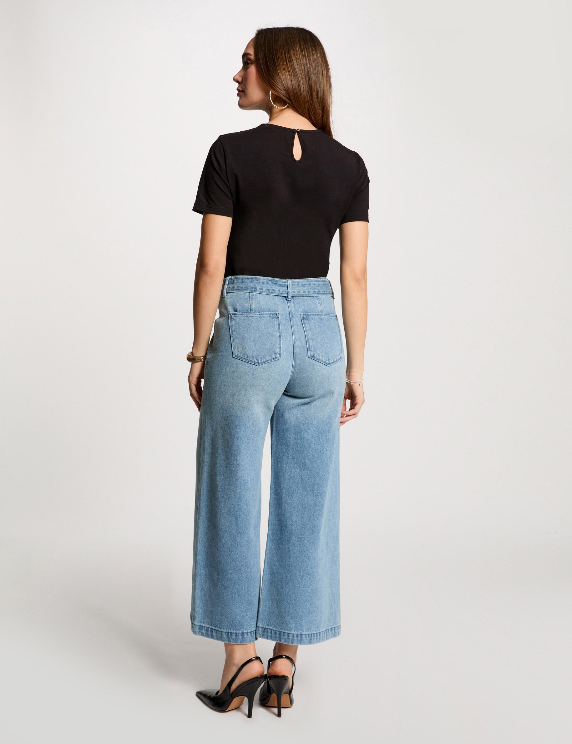 Belted cropped wide leg jeans bleach denim women