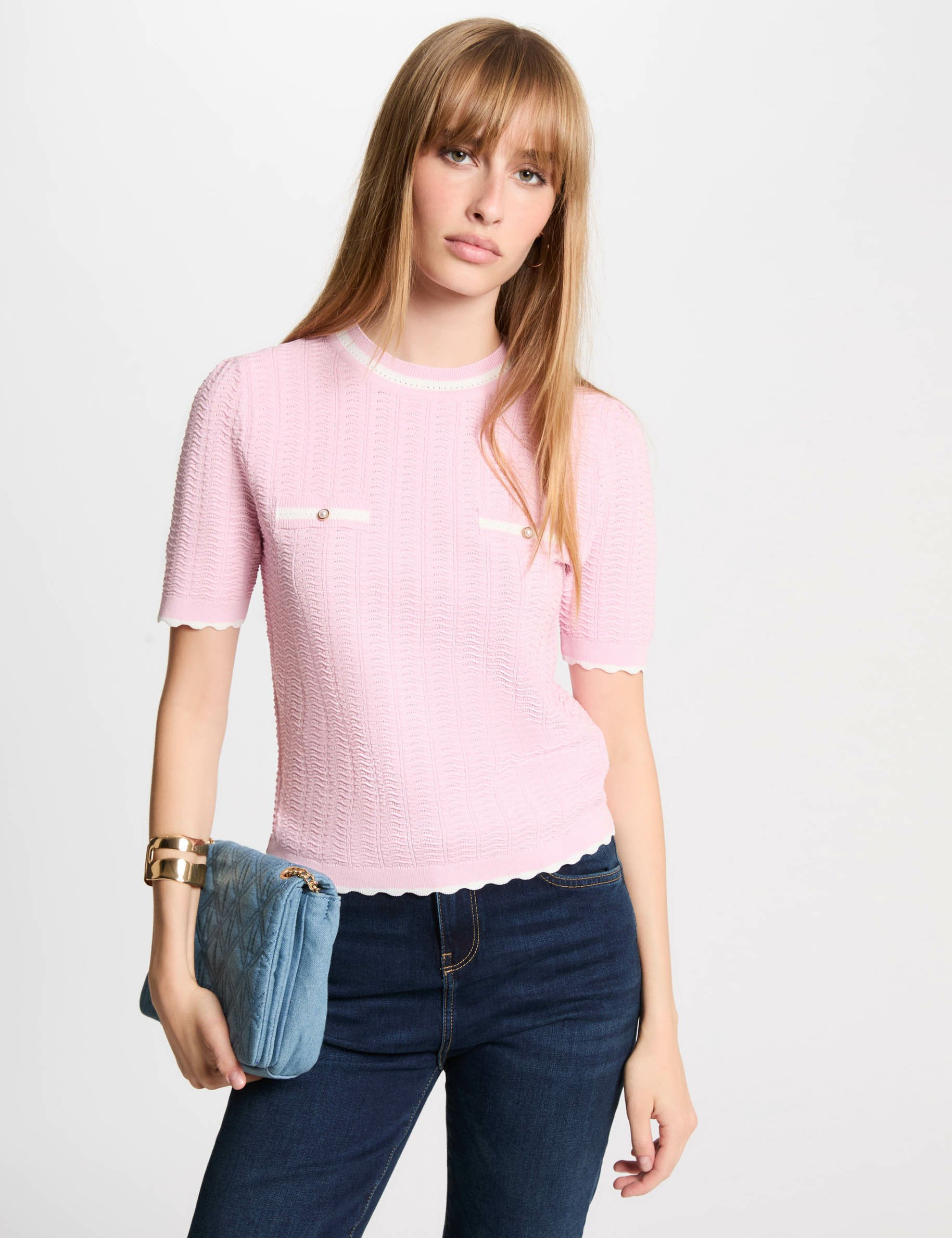 Pull manches courtes rose pastel femme