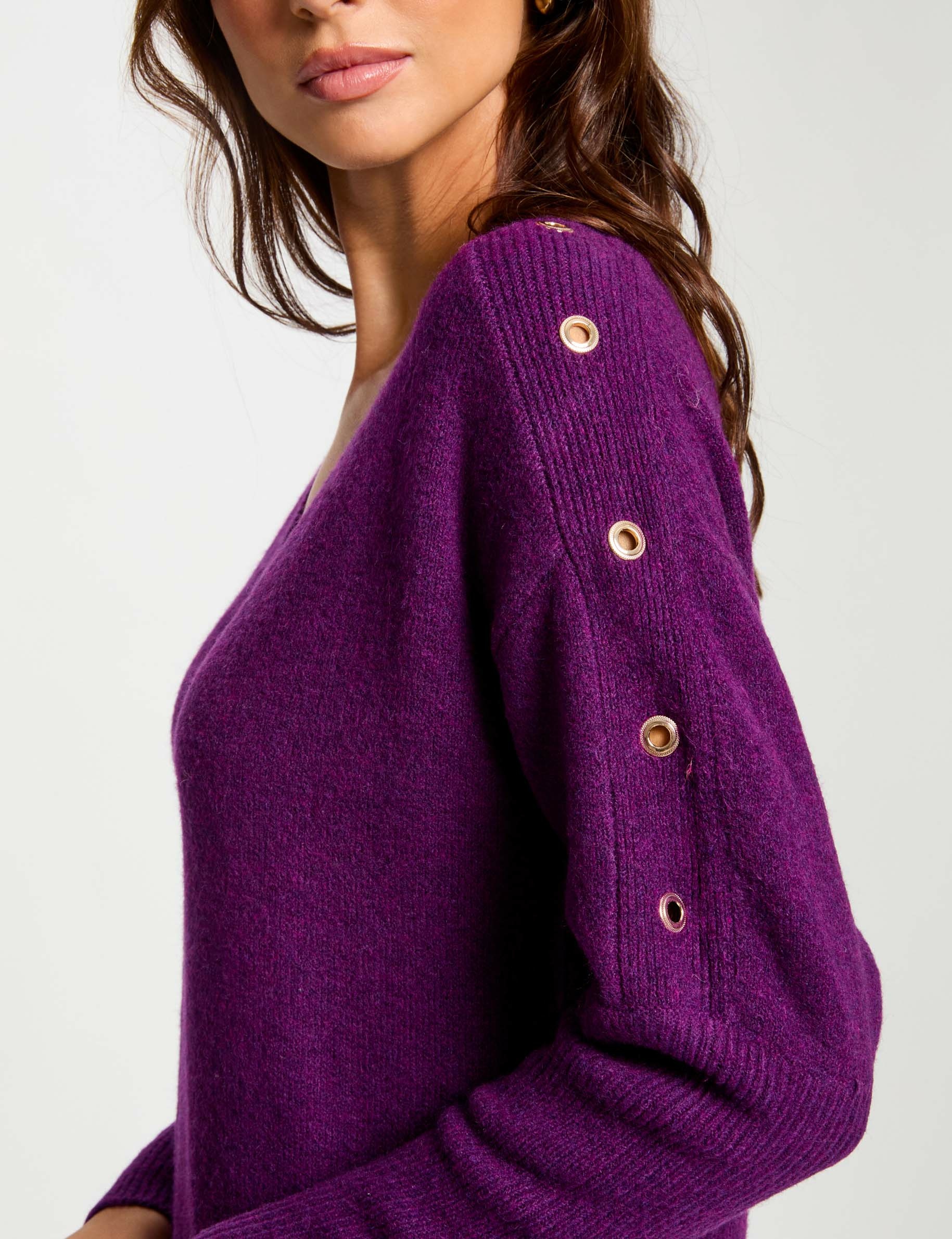 Straight knitted dress eyelets purple women