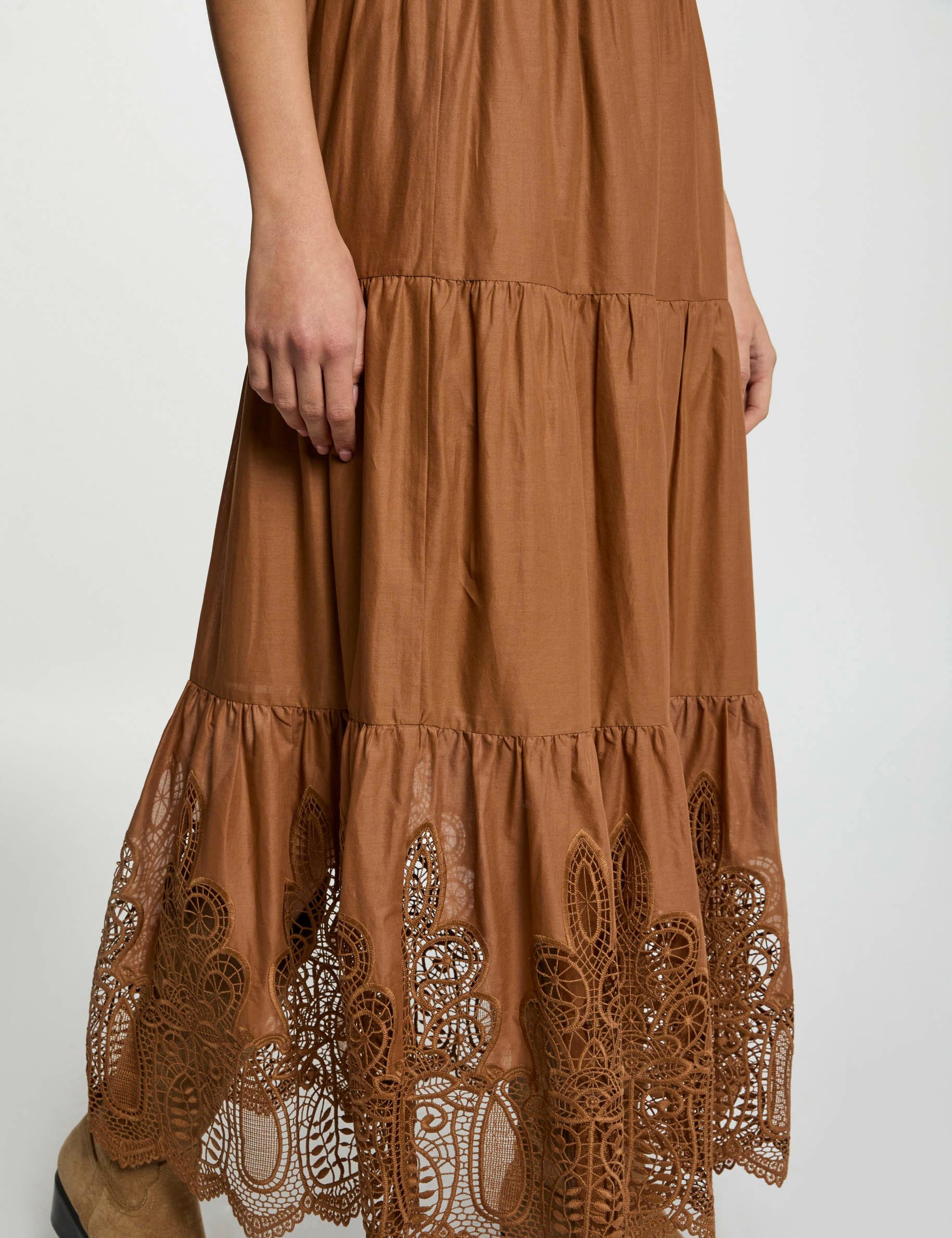 Maxi skirt lace detail cognac brown women