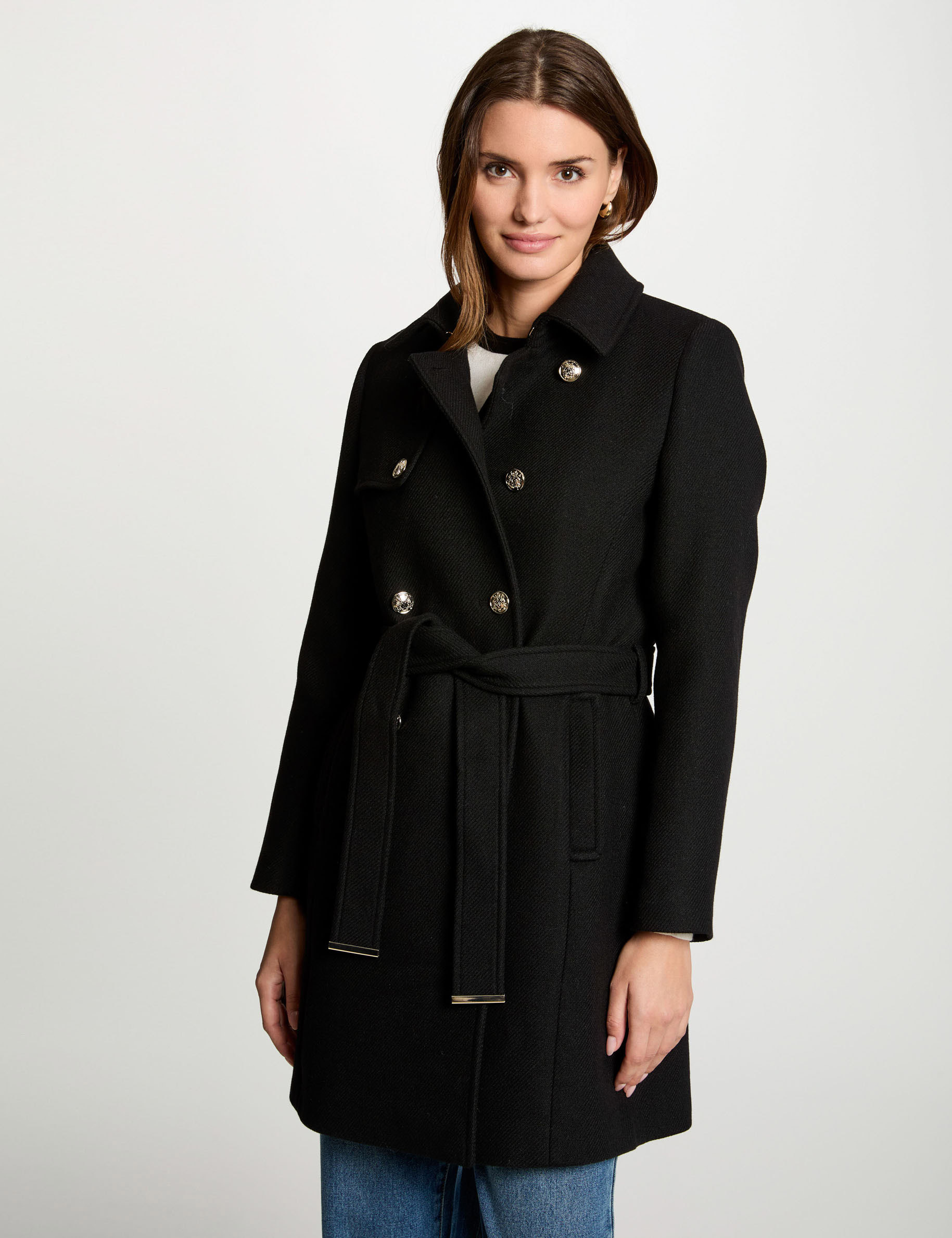 Belted long coat black women