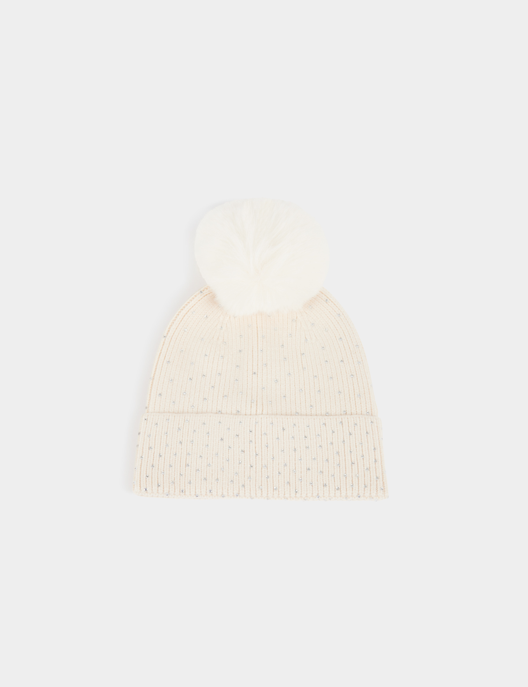 Beanie with rhinestones and pom-pom ivory women