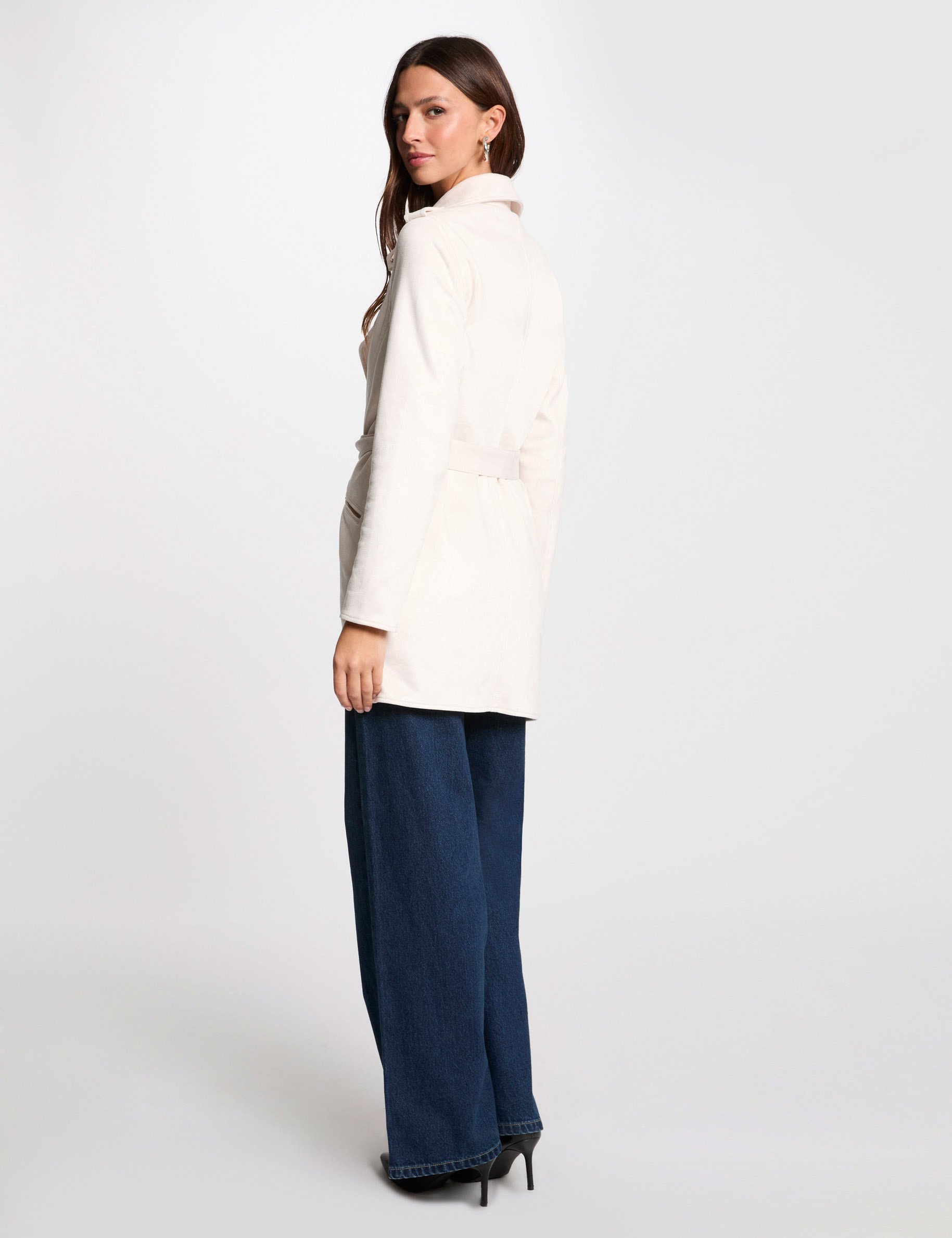 Belted long suede coat ivory women