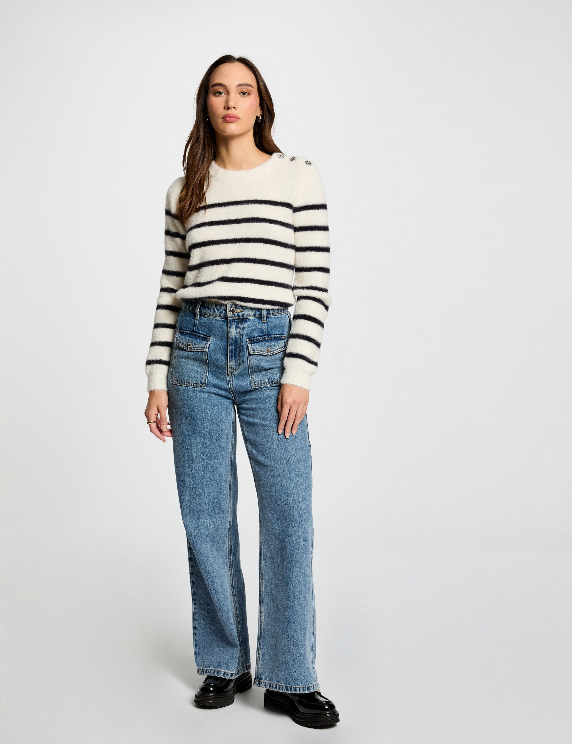 Stripped jumper round neck ecru women