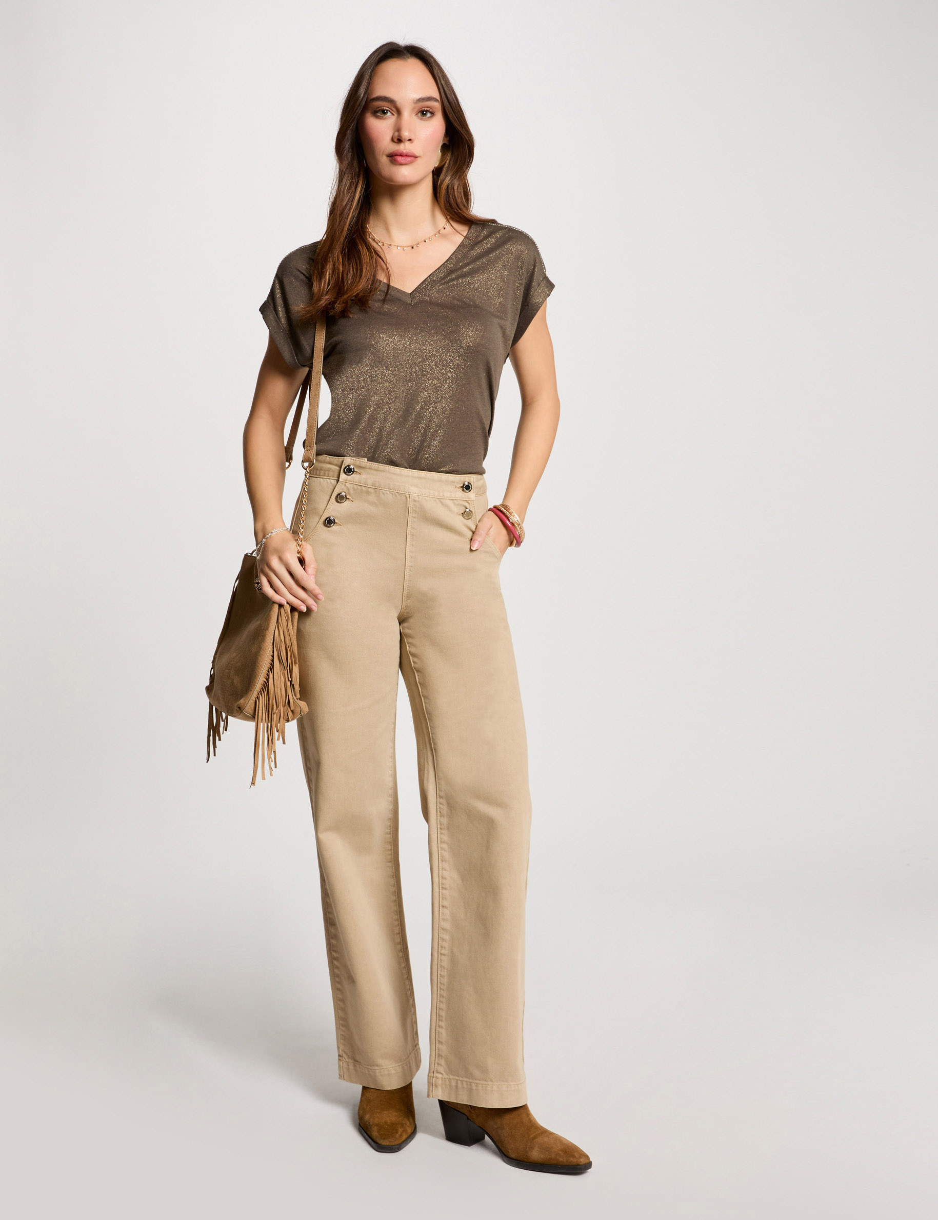 Wide leg trousers with buttons light brown women