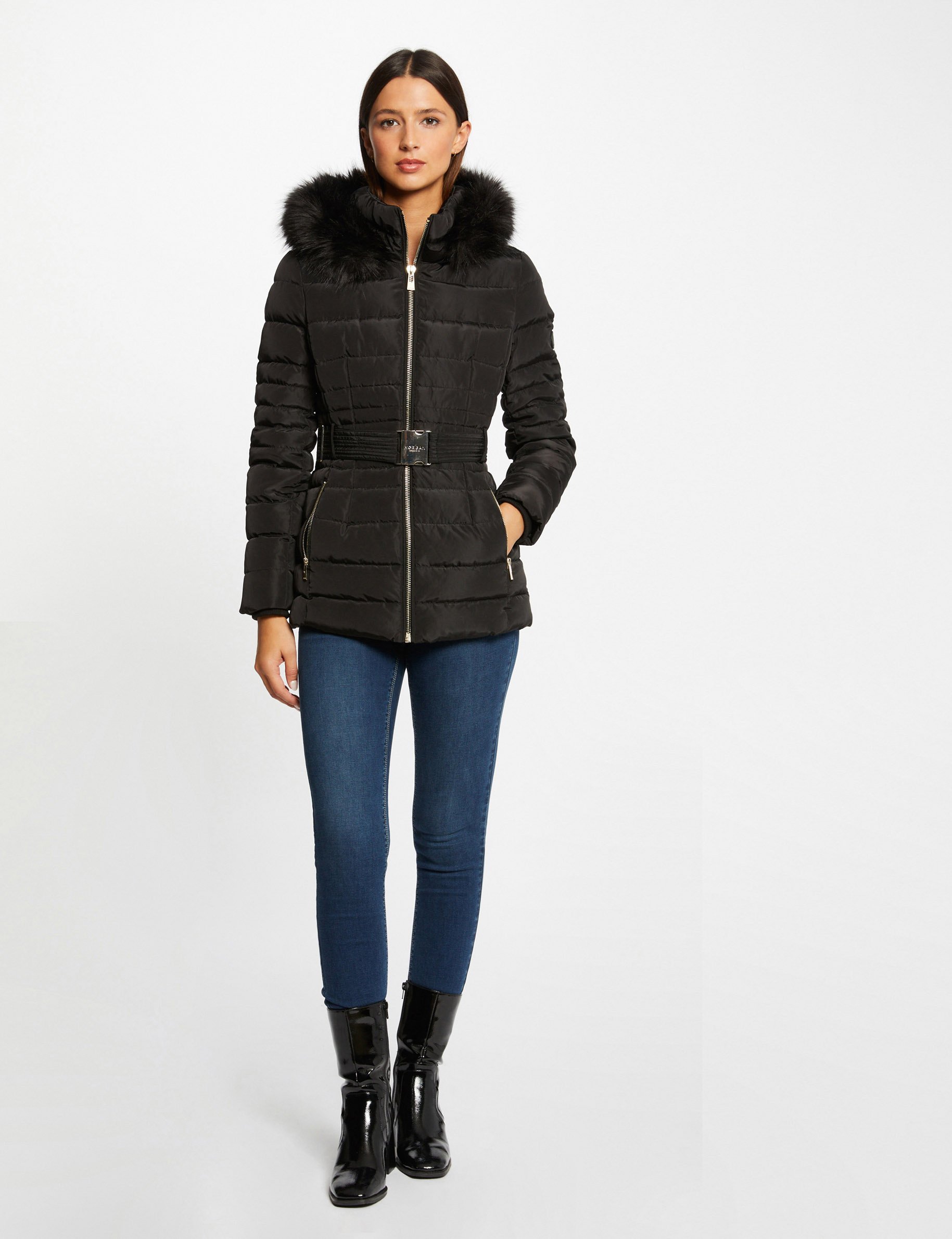 Belted waisted padded jacket with hood black women